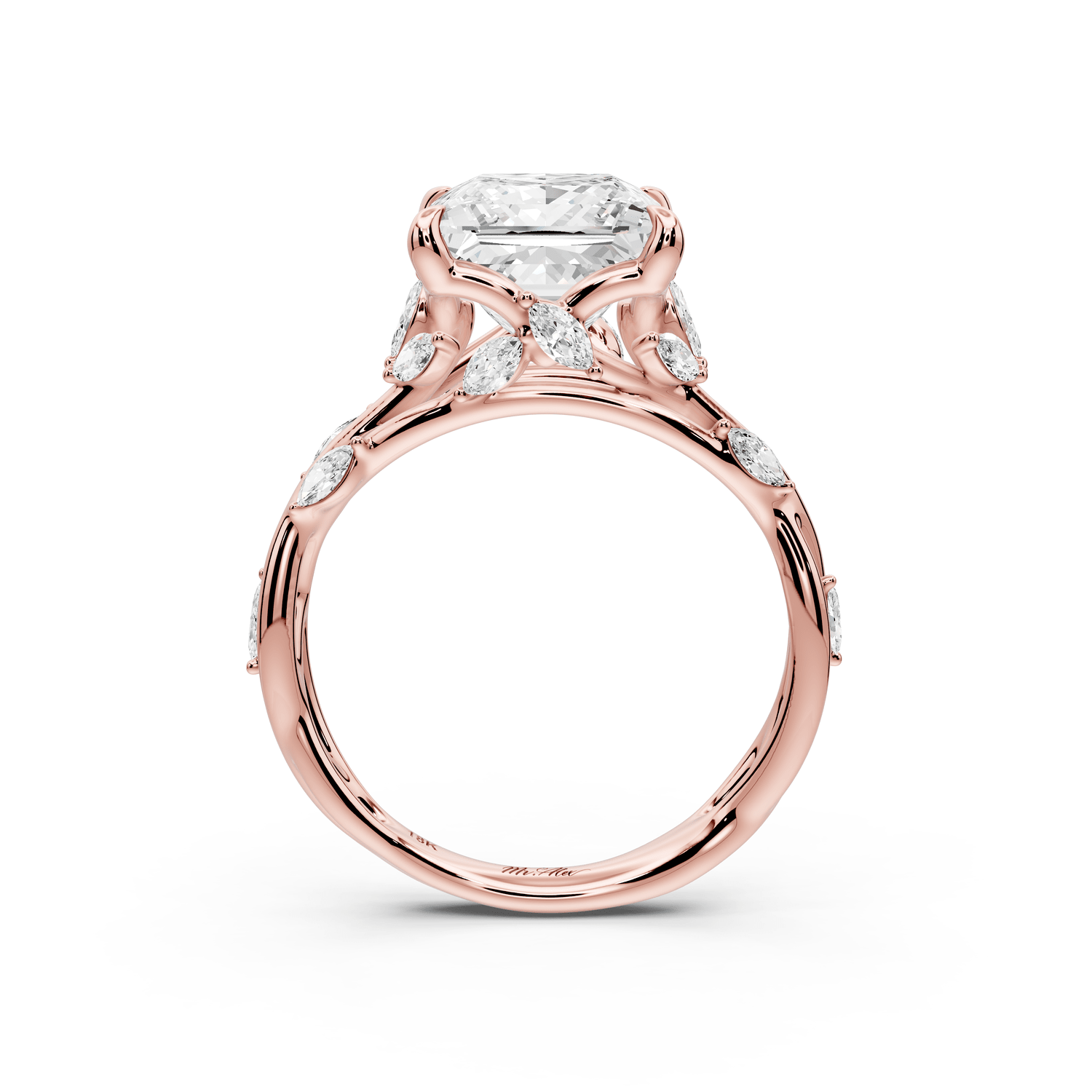 Sarah - 3ct 14k rose gold Princess Nature-Inspired Engagement Ring with Sculpted Vine and Leaf Side Stones - Mr. Alex Jewelry