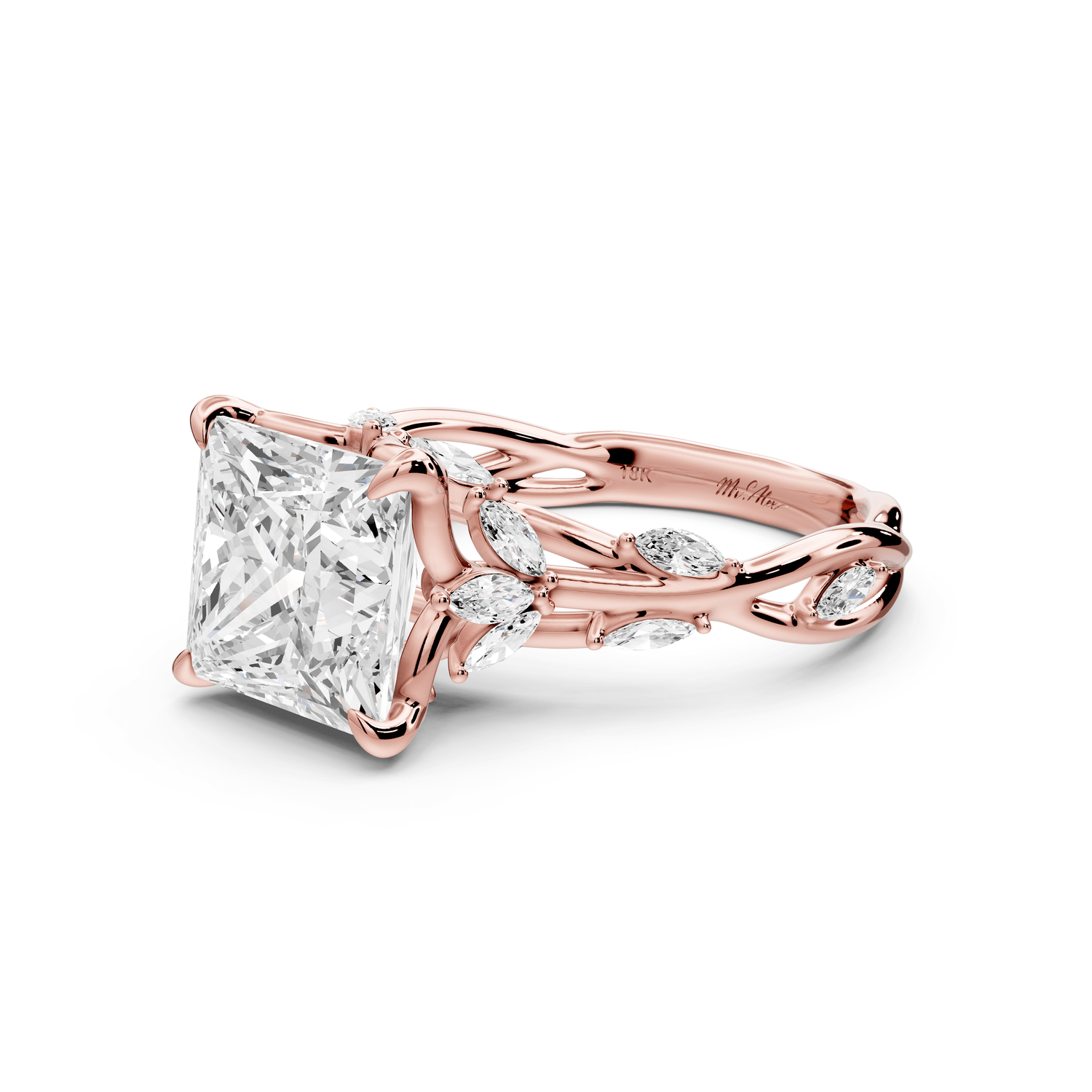 Sarah - 3ct 14k rose gold Princess Nature-Inspired Engagement Ring with Sculpted Vine and Leaf Side Stones - Mr. Alex Jewelry