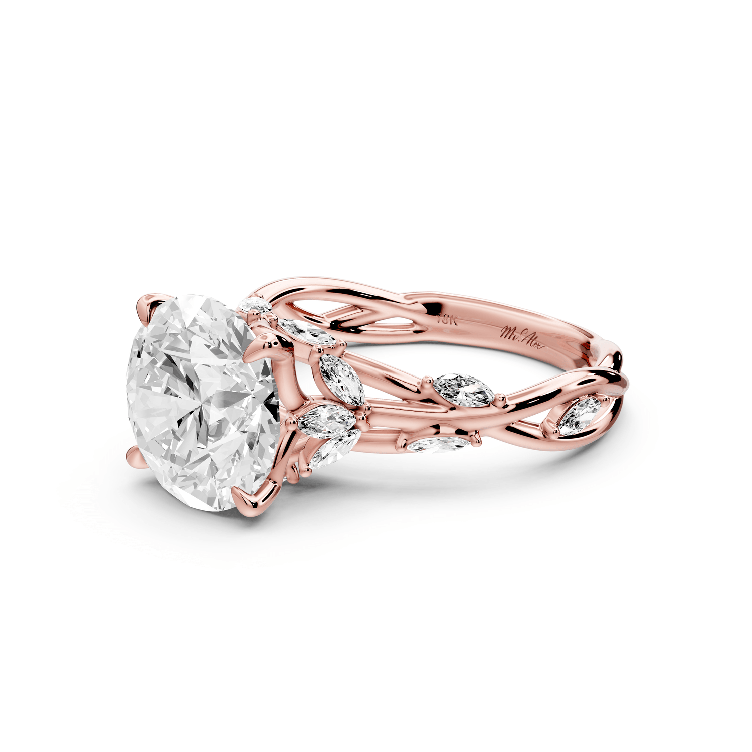 Sarah - 3ct 14k rose gold Round Nature-Inspired Engagement Ring with Sculpted Vine and Leaf Side Stones - Mr. Alex Jewelry