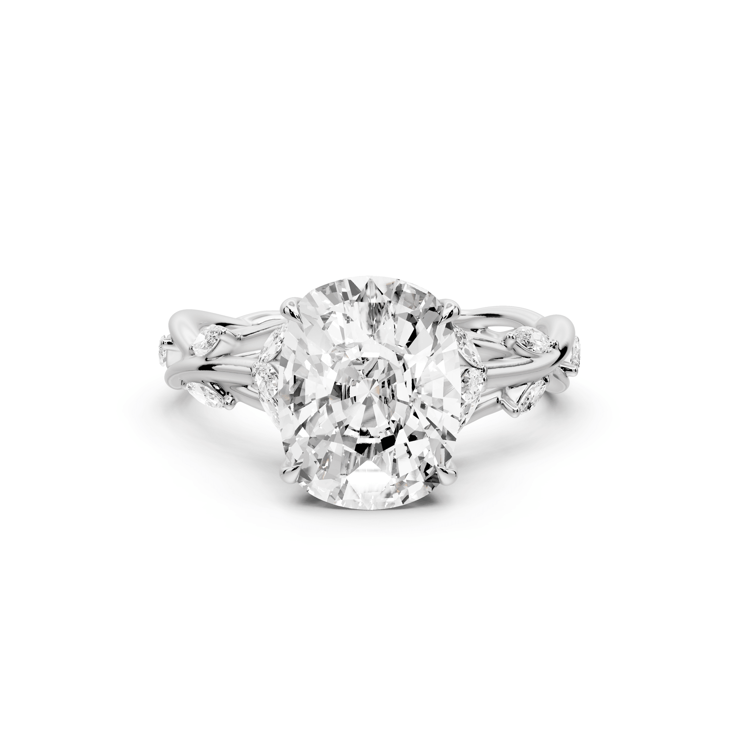 Sarah - 3ct 14k white gold Ecushion Nature-Inspired Engagement Ring with Sculpted Vine and Leaf Side Stones - Mr. Alex Jewelry