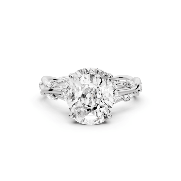 Sarah - 3ct 14k white gold Ecushion Nature-Inspired Engagement Ring with Sculpted Vine and Leaf Side Stones - Mr. Alex Jewelry