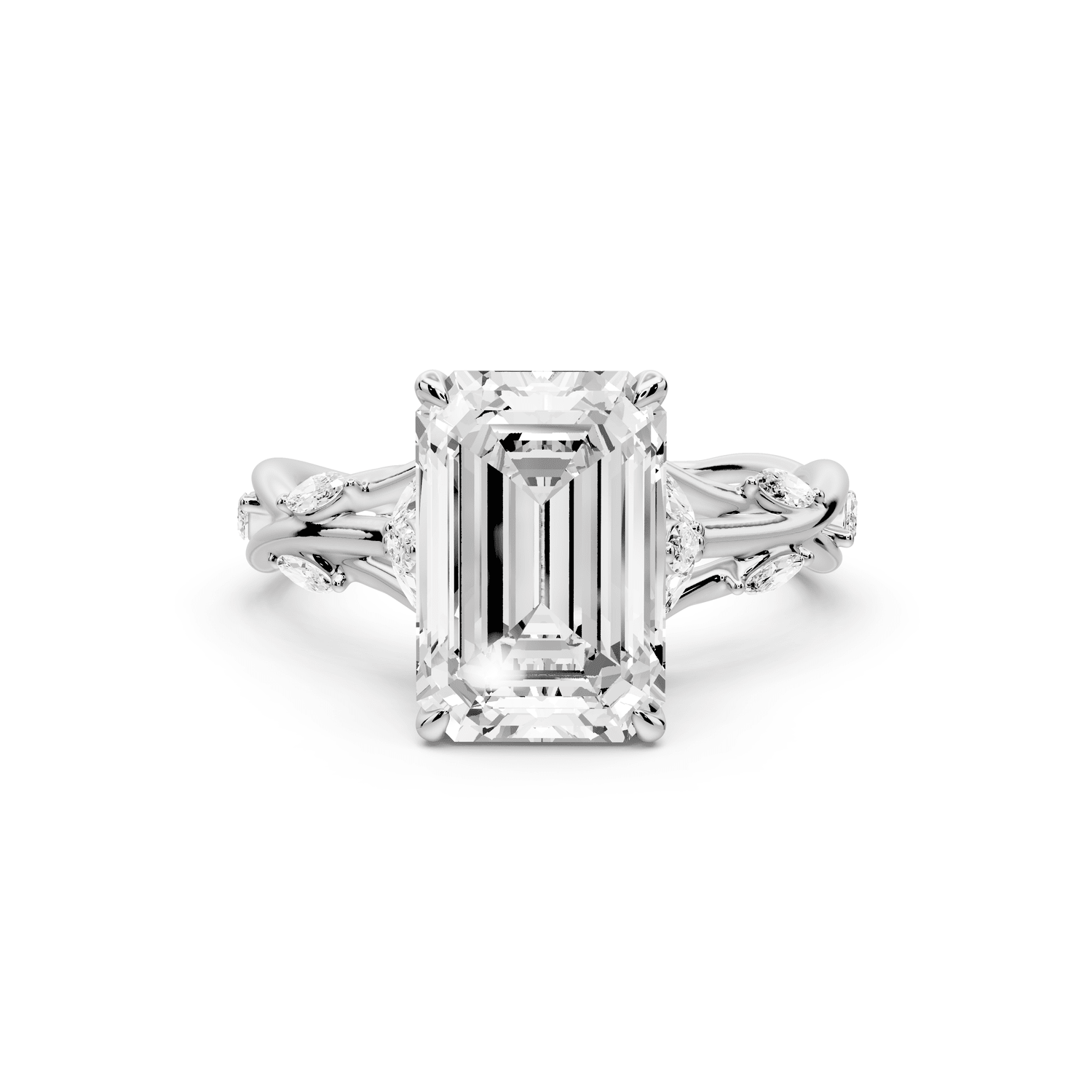 Sarah - 3ct 14k white gold Emerald Nature-Inspired Engagement Ring with Sculpted Vine and Leaf Side Stones - Mr. Alex Jewelry