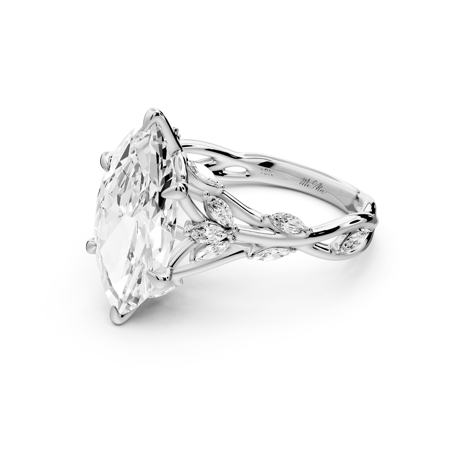 Sarah - 3ct 14k white gold Marquise Nature-Inspired Engagement Ring with Sculpted Vine and Leaf Side Stones - Mr. Alex Jewelry