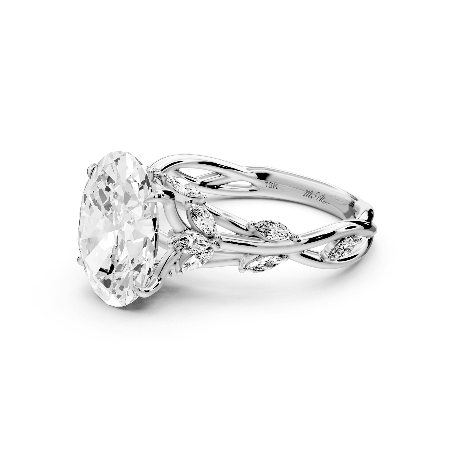 Sarah - 3ct 14k white gold Oval Nature-Inspired Engagement Ring with Sculpted Vine and Leaf Side Stones - Mr. Alex Jewelry