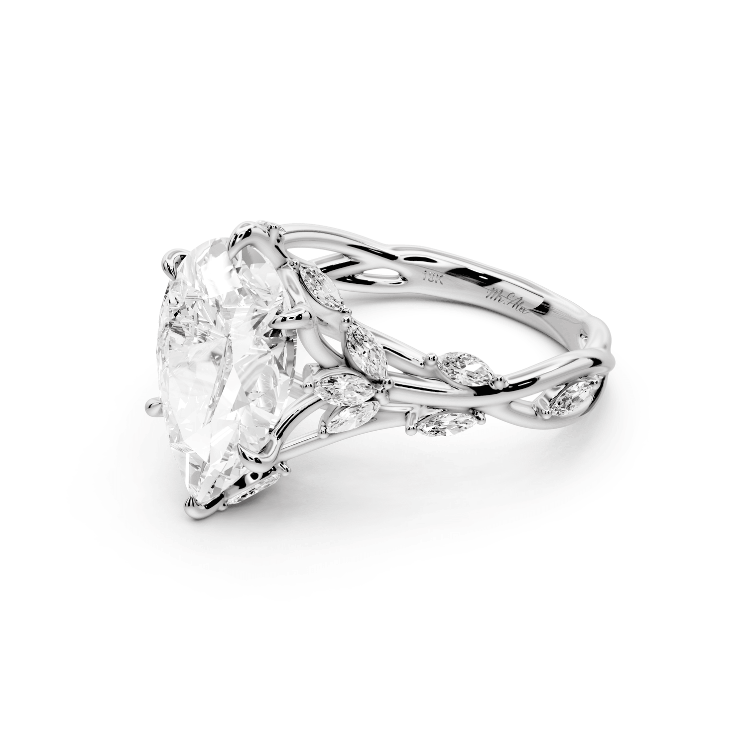 Sarah - 3ct 14k white gold Pear Nature-Inspired Engagement Ring with Sculpted Vine and Leaf Side Stones - Mr. Alex Jewelry
