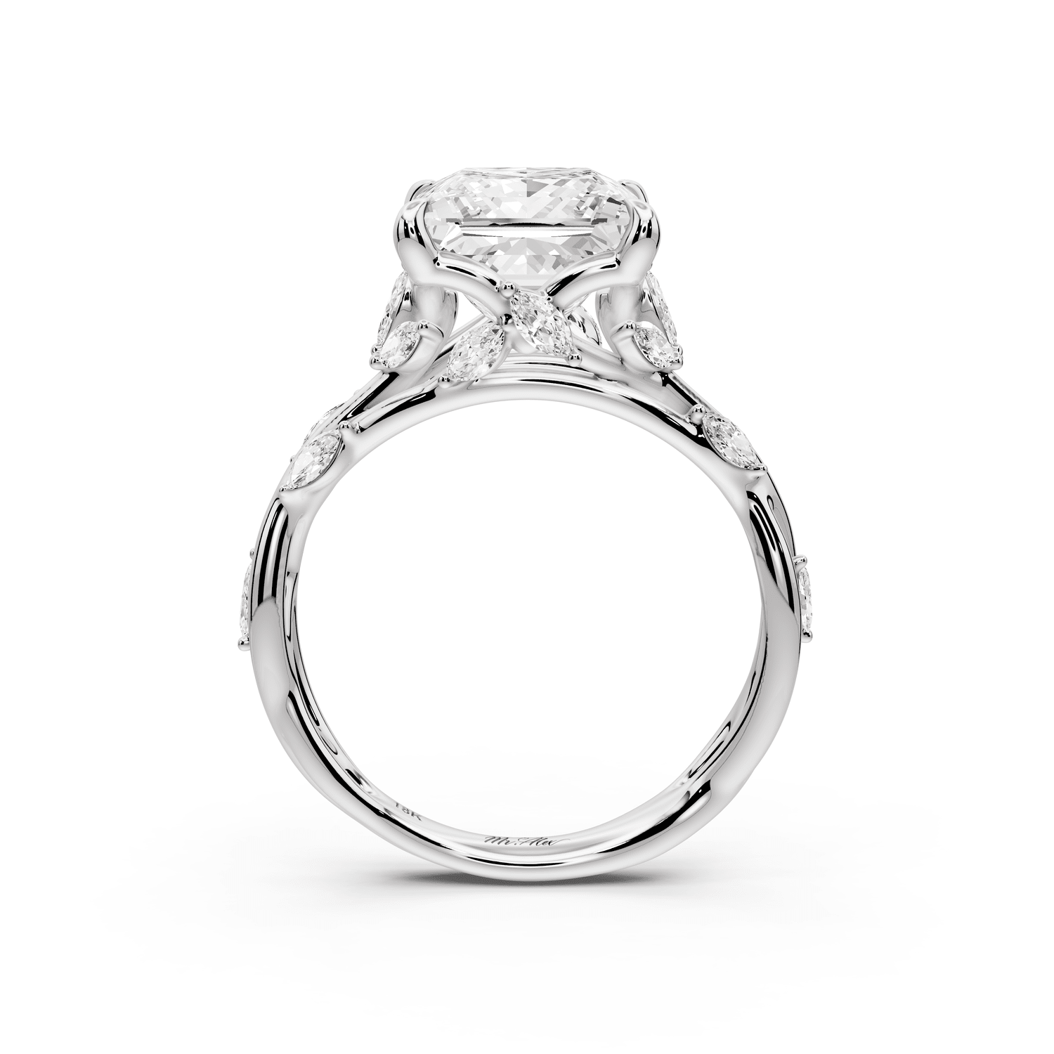 Sarah - 3ct 14k white gold Princess Nature-Inspired Engagement Ring with Sculpted Vine and Leaf Side Stones - Mr. Alex Jewelry