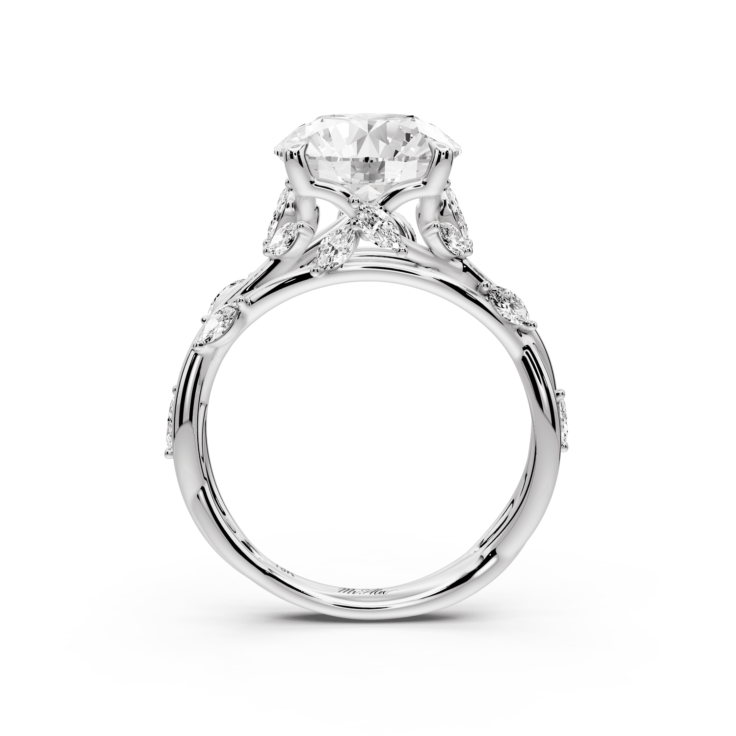Sarah - 3ct 14k white gold Round Nature-Inspired Engagement Ring with Sculpted Vine and Leaf Side Stones - Mr. Alex Jewelry