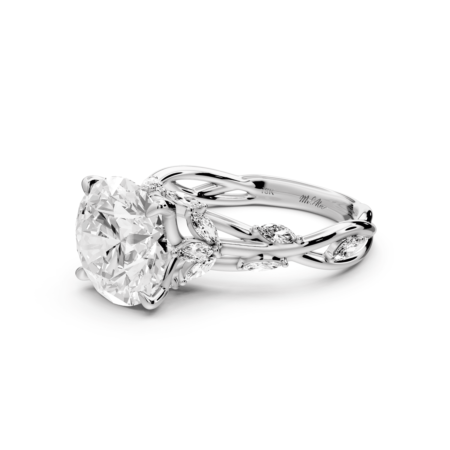 Sarah - 3ct 14k white gold Round Nature-Inspired Engagement Ring with Sculpted Vine and Leaf Side Stones - Mr. Alex Jewelry
