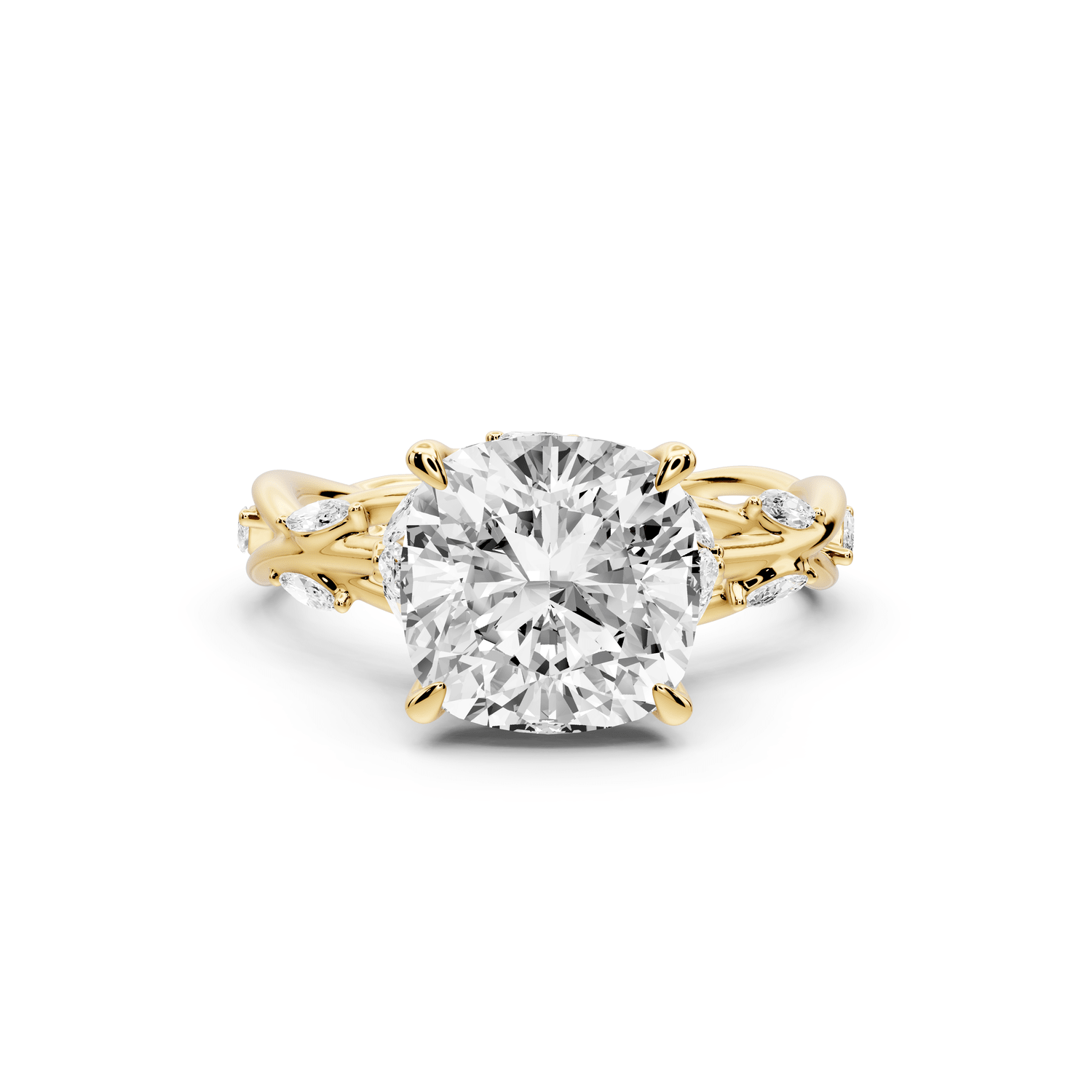 Sarah - 3ct 14k yellow gold Cushion Nature-Inspired Engagement Ring with Sculpted Vine and Leaf Side Stones - Mr. Alex Jewelry