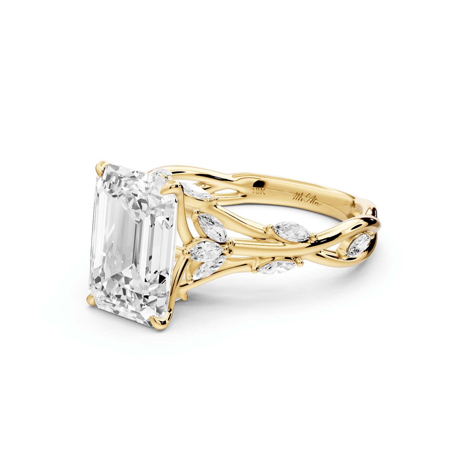 Sarah - 3ct 14k yellow gold Emerald Nature-Inspired Engagement Ring with Sculpted Vine and Leaf Side Stones - Mr. Alex Jewelry