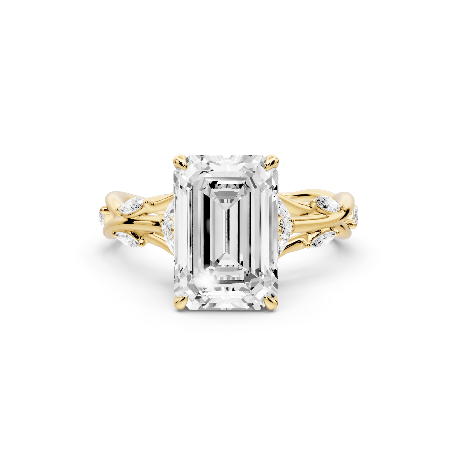 Sarah - 3ct 14k yellow gold Emerald Nature-Inspired Engagement Ring with Sculpted Vine and Leaf Side Stones - Mr. Alex Jewelry
