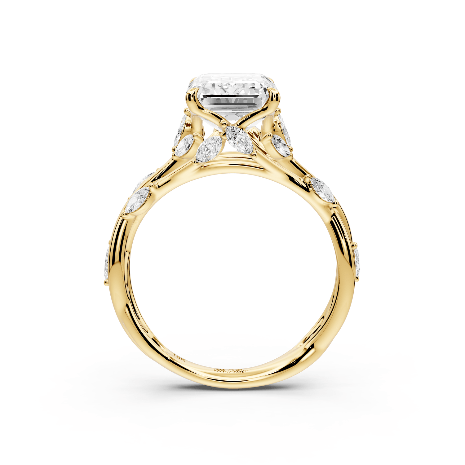 Sarah - 3ct 14k yellow gold Emerald Nature-Inspired Engagement Ring with Sculpted Vine and Leaf Side Stones - Mr. Alex Jewelry