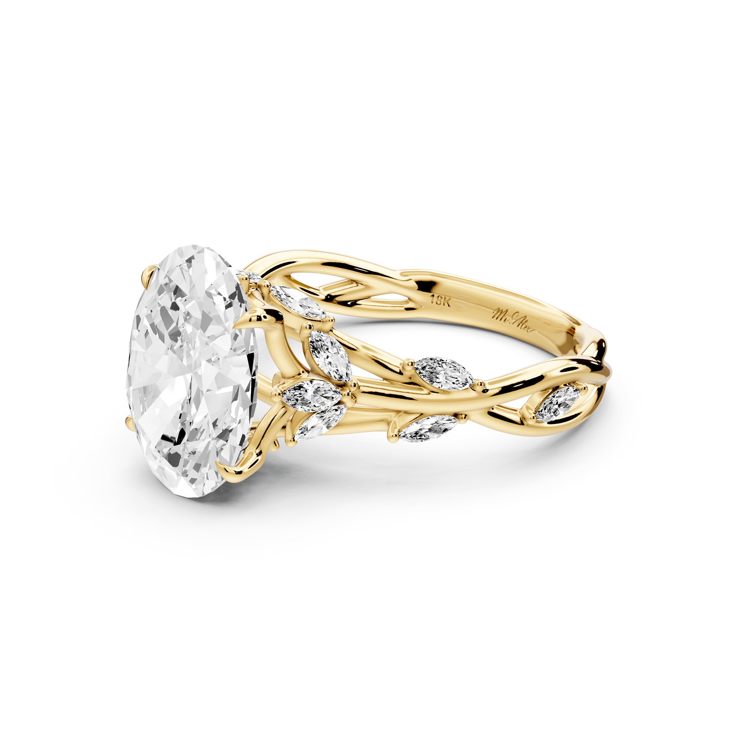Sarah - 3ct 14k yellow gold Oval Nature-Inspired Engagement Ring with Sculpted Vine and Leaf Side Stones - Mr. Alex Jewelry