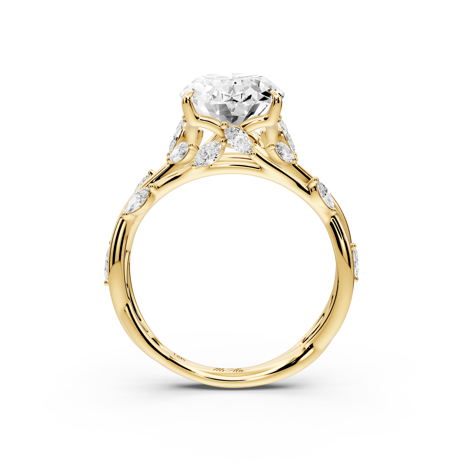 Sarah - 3ct 14k yellow gold Oval Nature-Inspired Engagement Ring with Sculpted Vine and Leaf Side Stones - Mr. Alex Jewelry