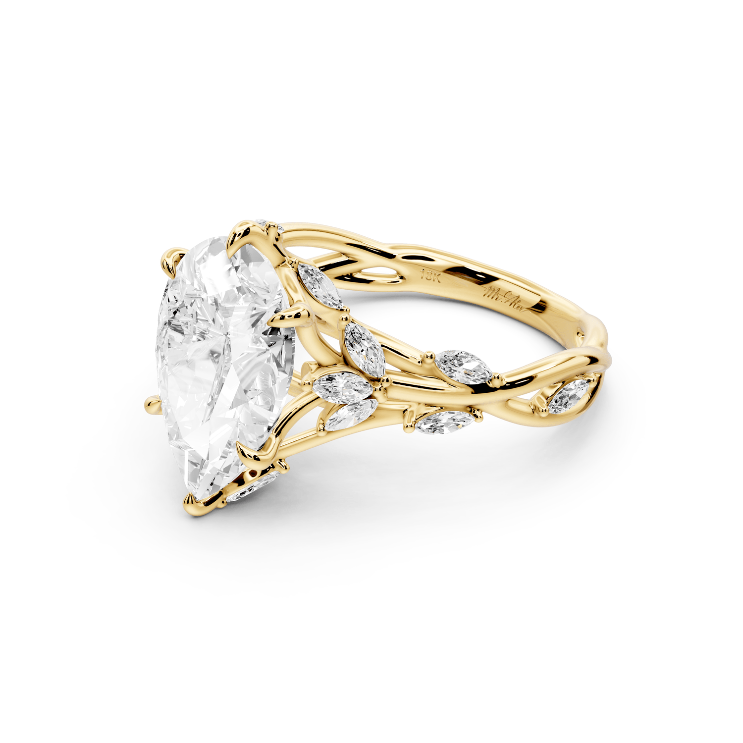 Sarah - 3ct 14k yellow gold Pear Nature-Inspired Engagement Ring with Sculpted Vine and Leaf Side Stones - Mr. Alex Jewelry