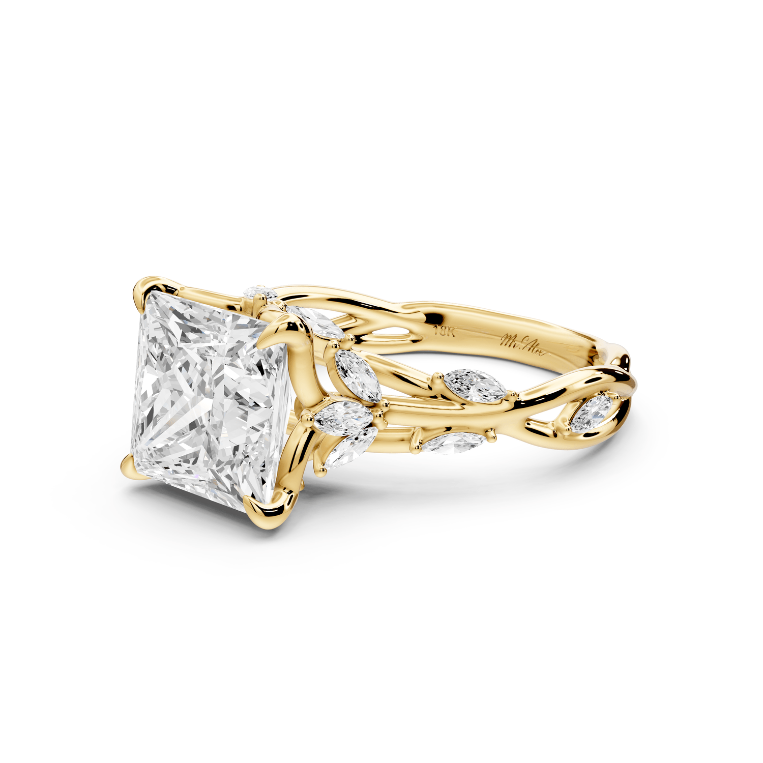 Sarah - 3ct 14k yellow gold Princess Nature-Inspired Engagement Ring with Sculpted Vine and Leaf Side Stones - Mr. Alex Jewelry
