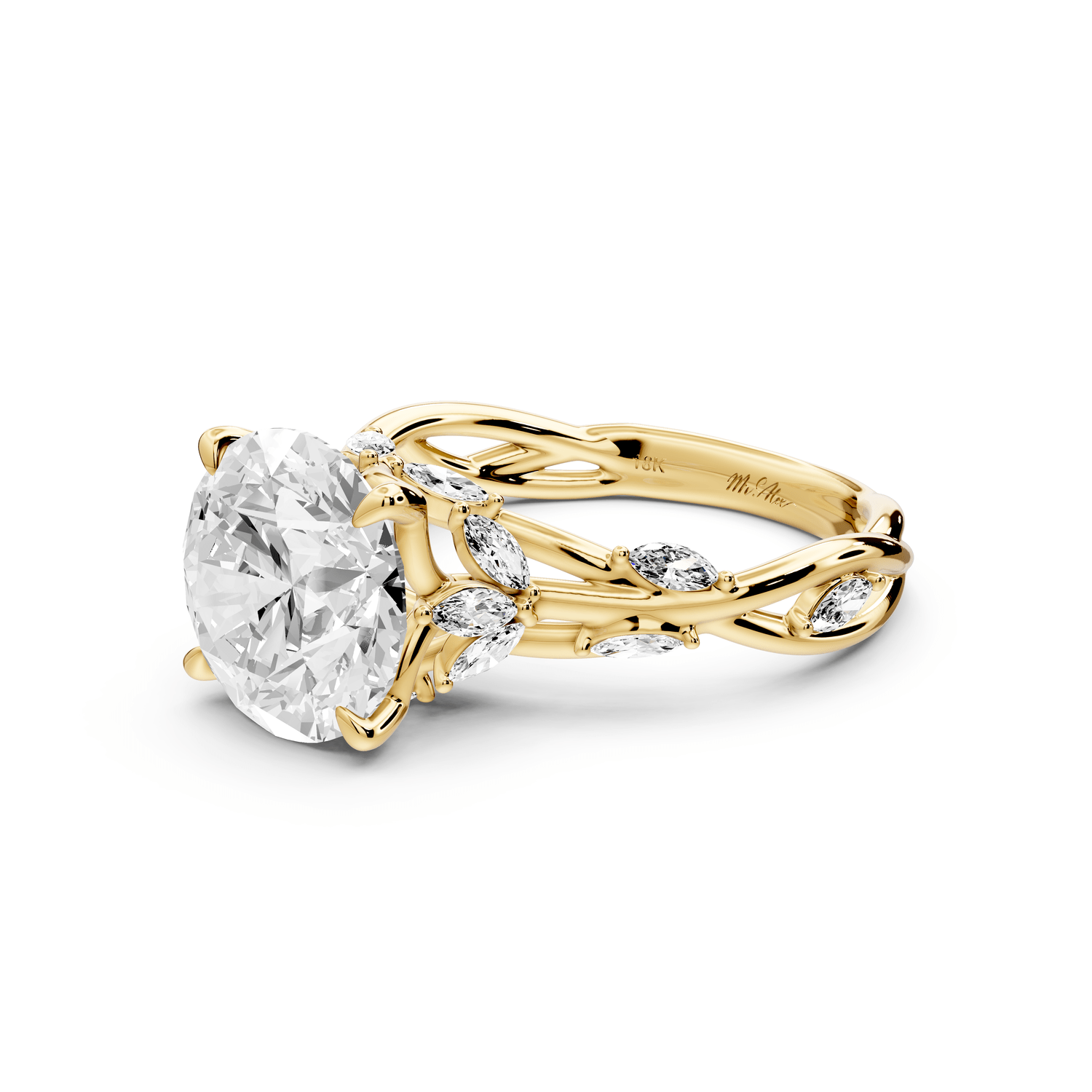 Sarah - 3ct 14k yellow gold Round Nature-Inspired Engagement Ring with Sculpted Vine and Leaf Side Stones - Mr. Alex Jewelry