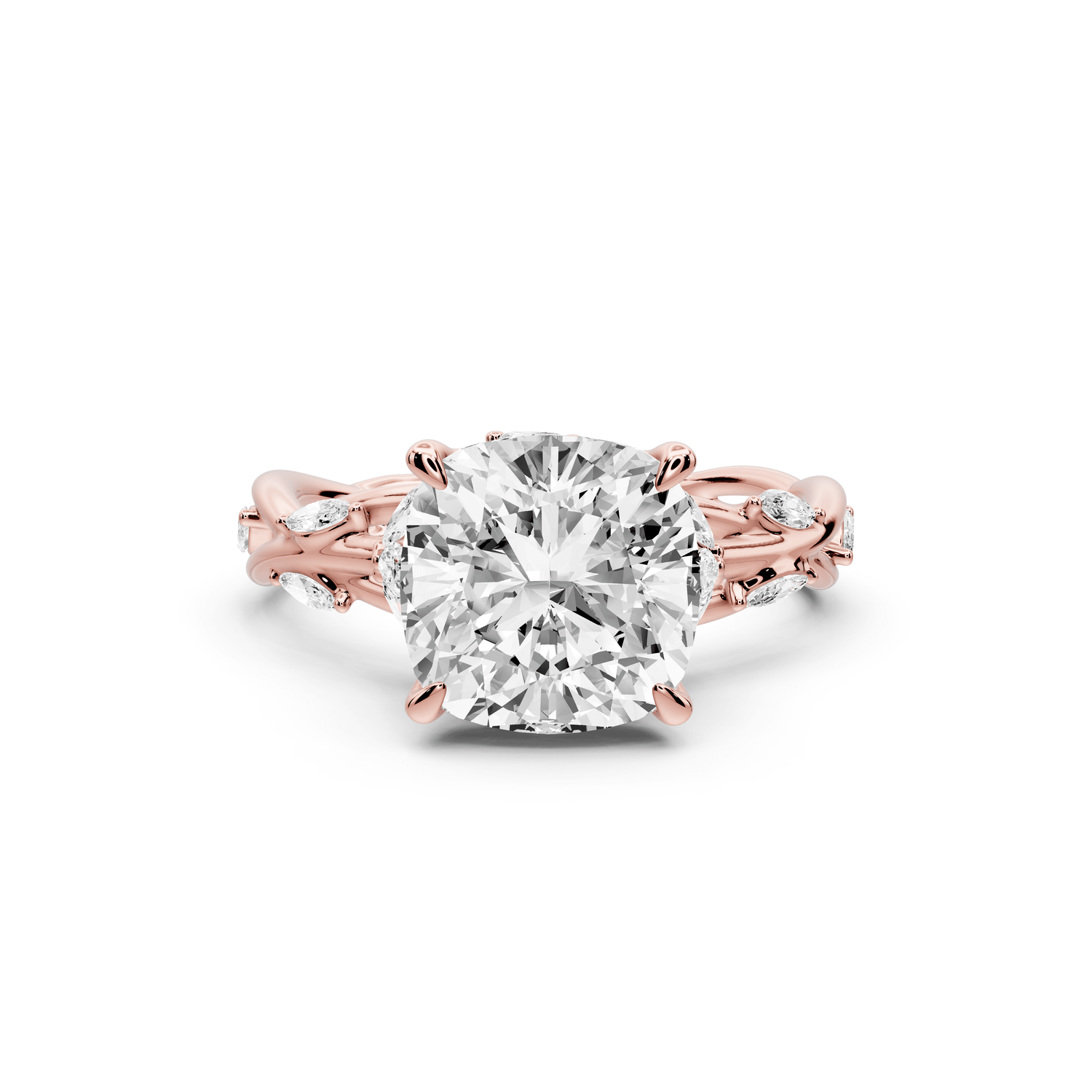 Sarah - 3ct 18k rose gold Cushion Nature-Inspired Engagement Ring with Sculpted Vine and Leaf Side Stones - Mr. Alex Jewelry