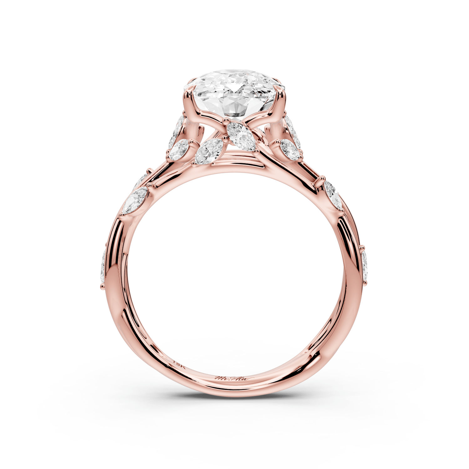 Sarah - 3ct 18k rose gold Ecushion Nature-Inspired Engagement Ring with Sculpted Vine and Leaf Side Stones - Mr. Alex Jewelry