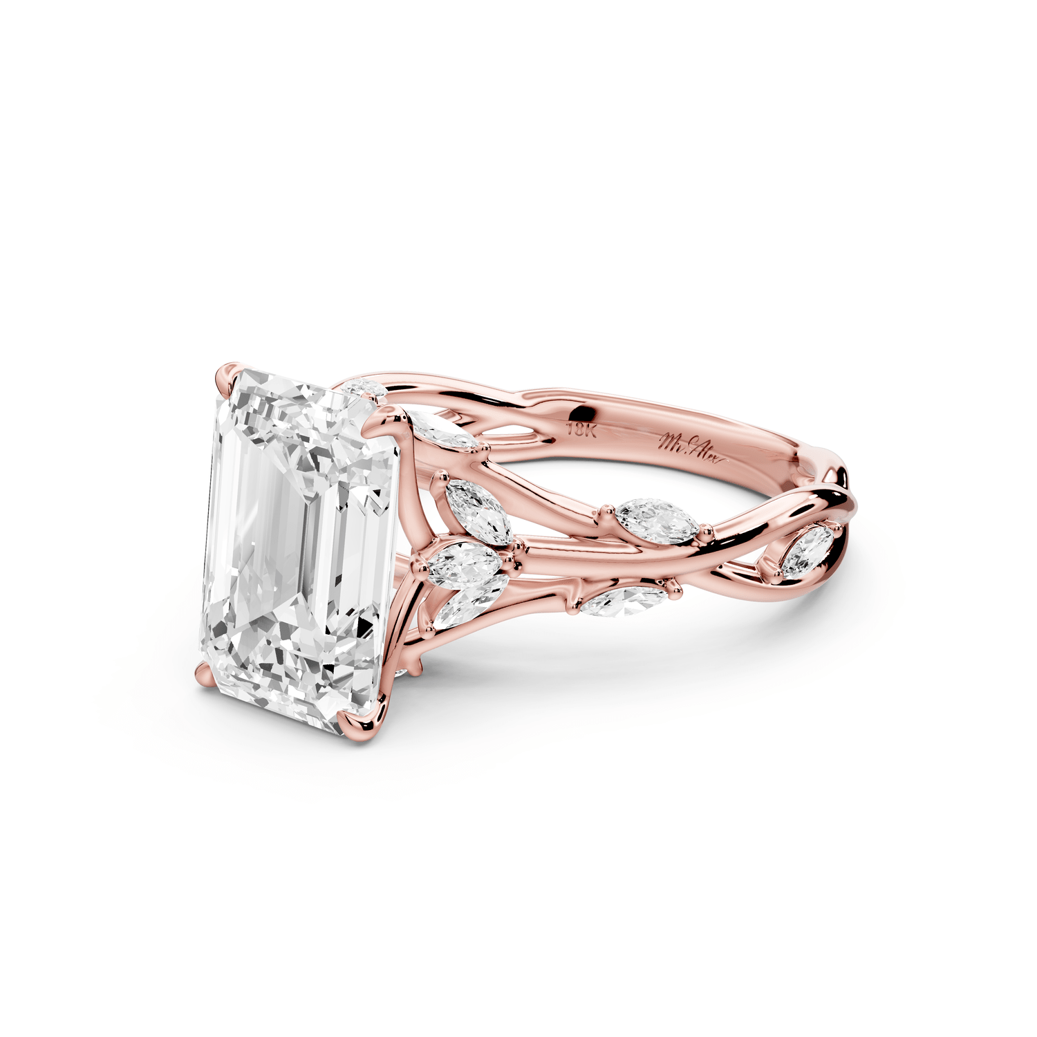 Sarah - 3ct 18k rose gold Emerald Nature-Inspired Engagement Ring with Sculpted Vine and Leaf Side Stones - Mr. Alex Jewelry