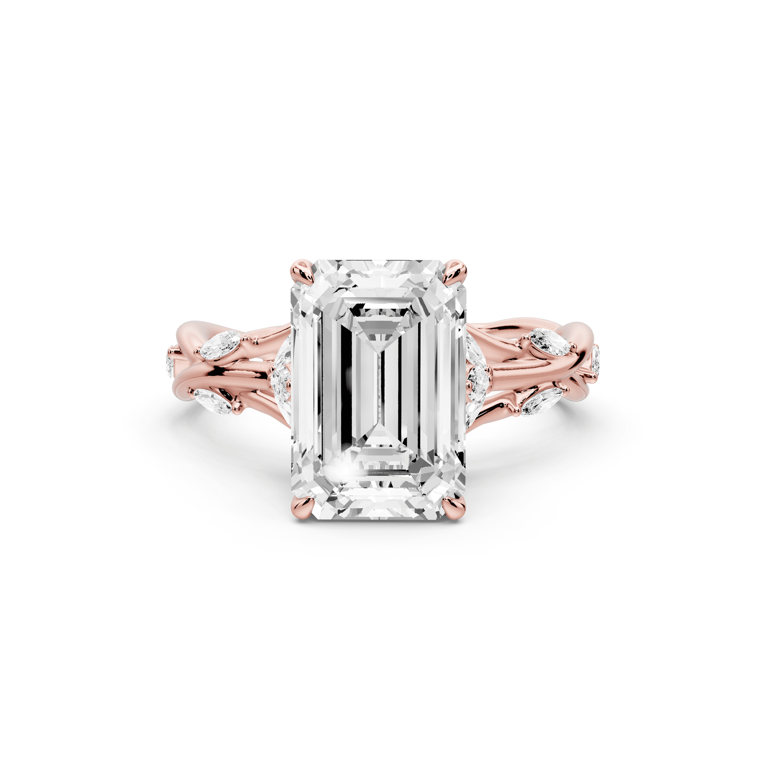 Sarah - 3ct 18k rose gold Emerald Nature-Inspired Engagement Ring with Sculpted Vine and Leaf Side Stones - Mr. Alex Jewelry