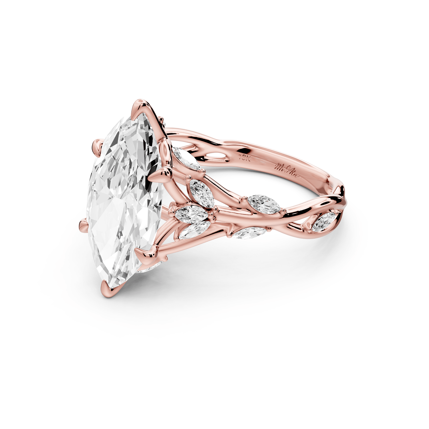 Sarah - 3ct 18k rose gold Marquise Nature-Inspired Engagement Ring with Sculpted Vine and Leaf Side Stones - Mr. Alex Jewelry