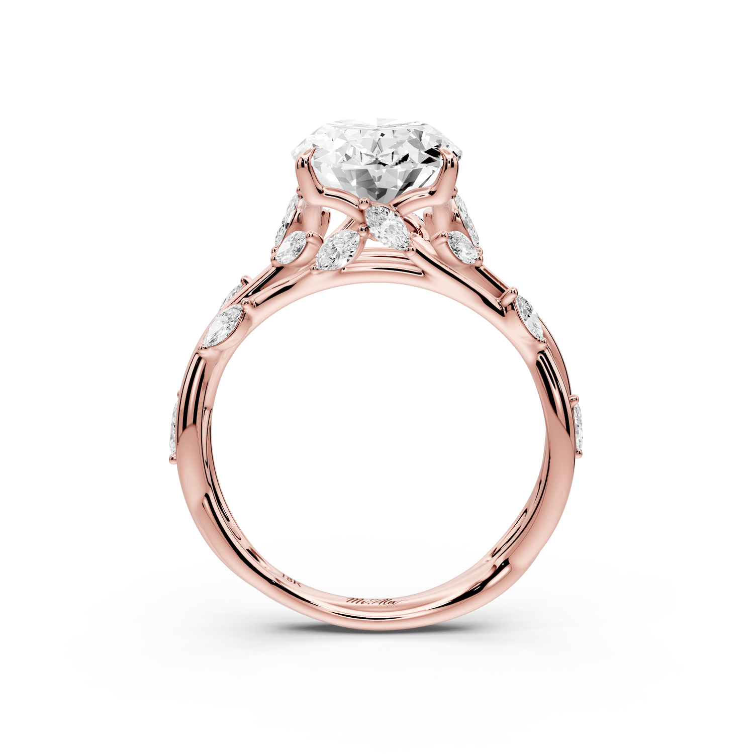 Sarah - 3ct 18k rose gold Oval Nature-Inspired Engagement Ring with Sculpted Vine and Leaf Side Stones - Mr. Alex Jewelry