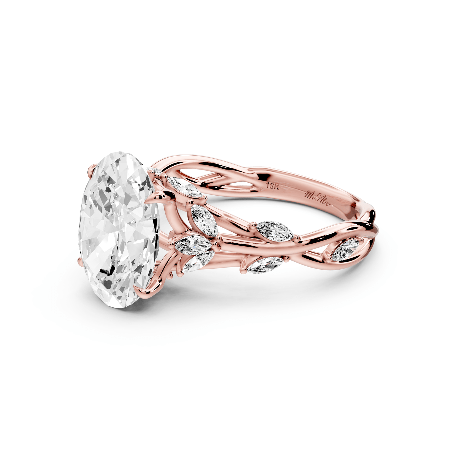 Sarah - 3ct 18k rose gold Oval Nature-Inspired Engagement Ring with Sculpted Vine and Leaf Side Stones - Mr. Alex Jewelry