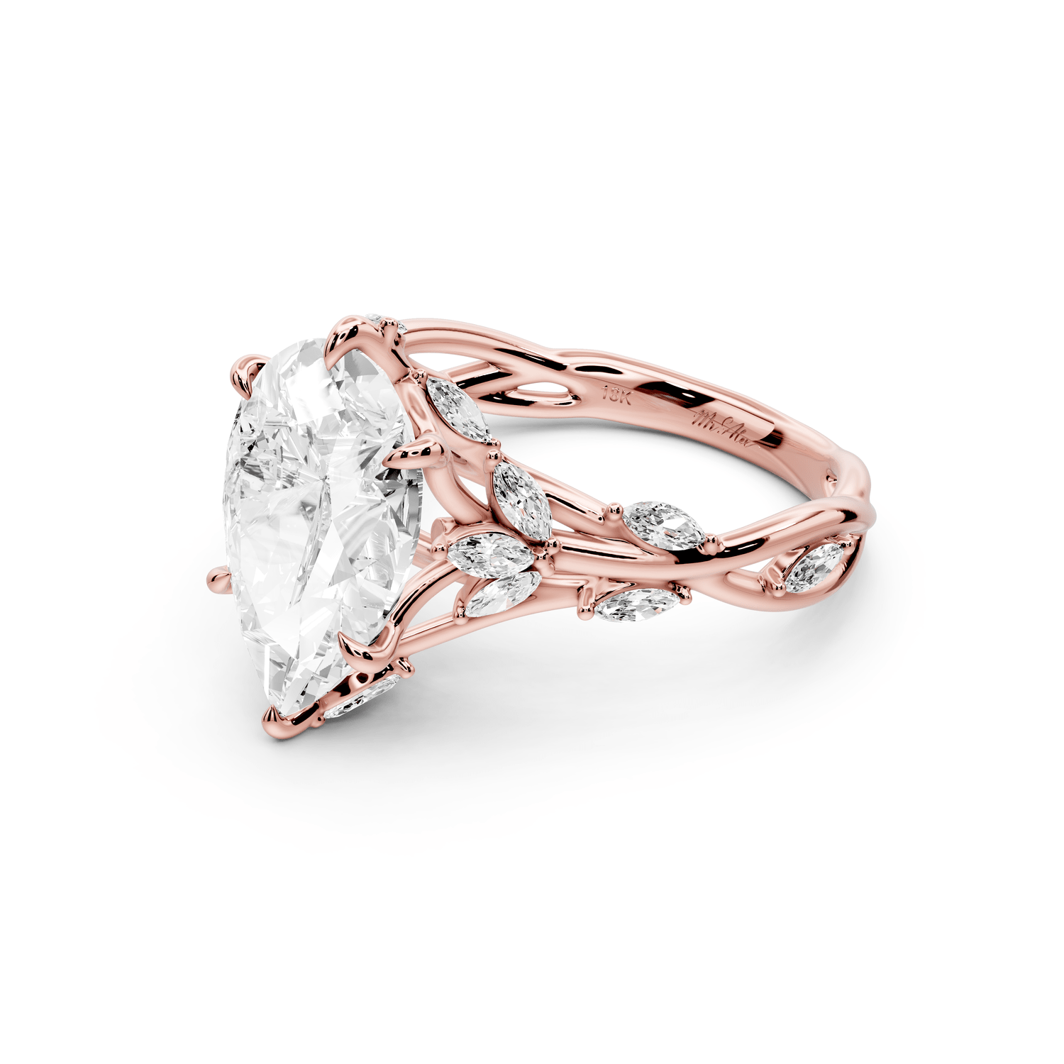 Sarah - 3ct 18k rose gold Pear Nature-Inspired Engagement Ring with Sculpted Vine and Leaf Side Stones - Mr. Alex Jewelry