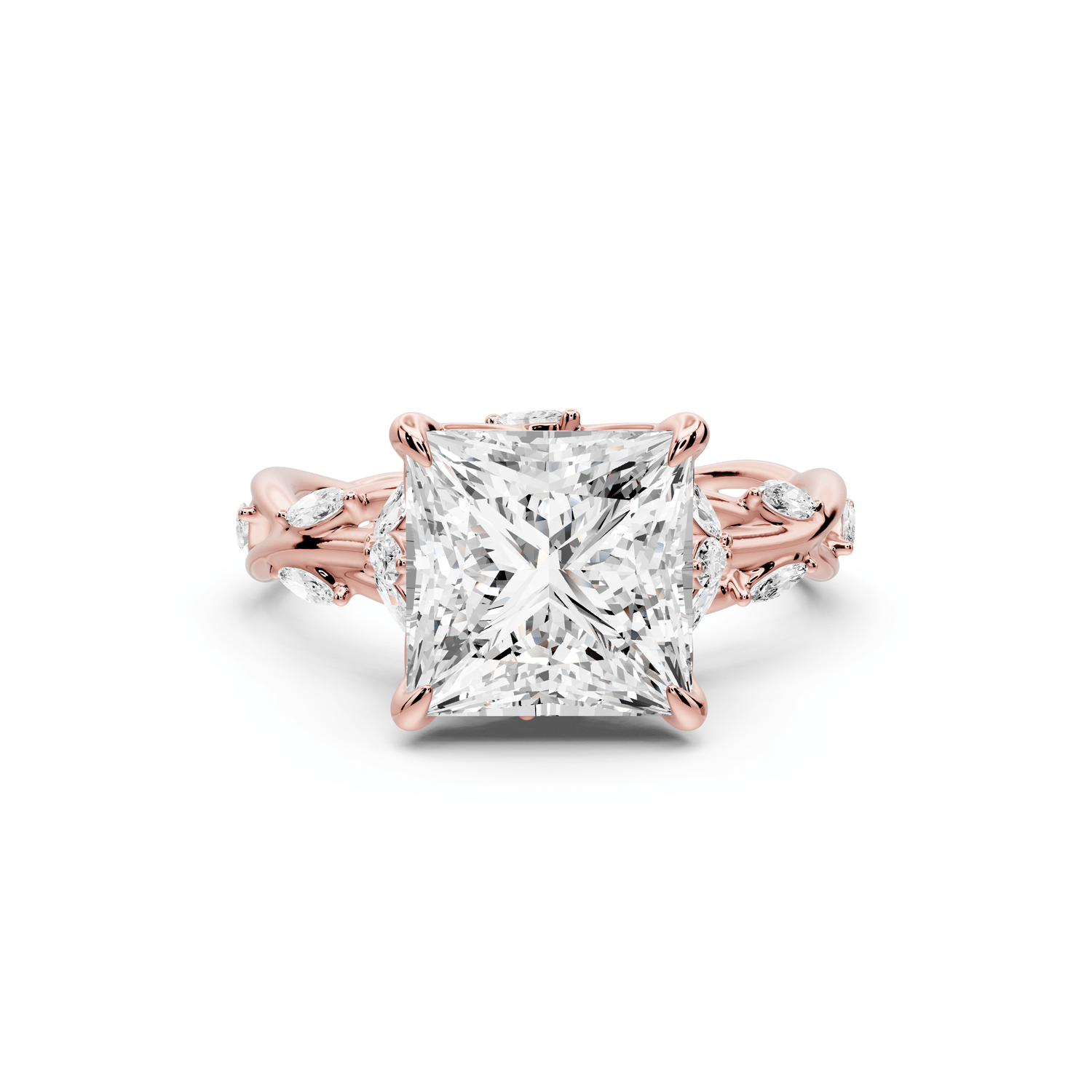 Sarah - 3ct 18k rose gold Princess Nature-Inspired Engagement Ring with Sculpted Vine and Leaf Side Stones - Mr. Alex Jewelry