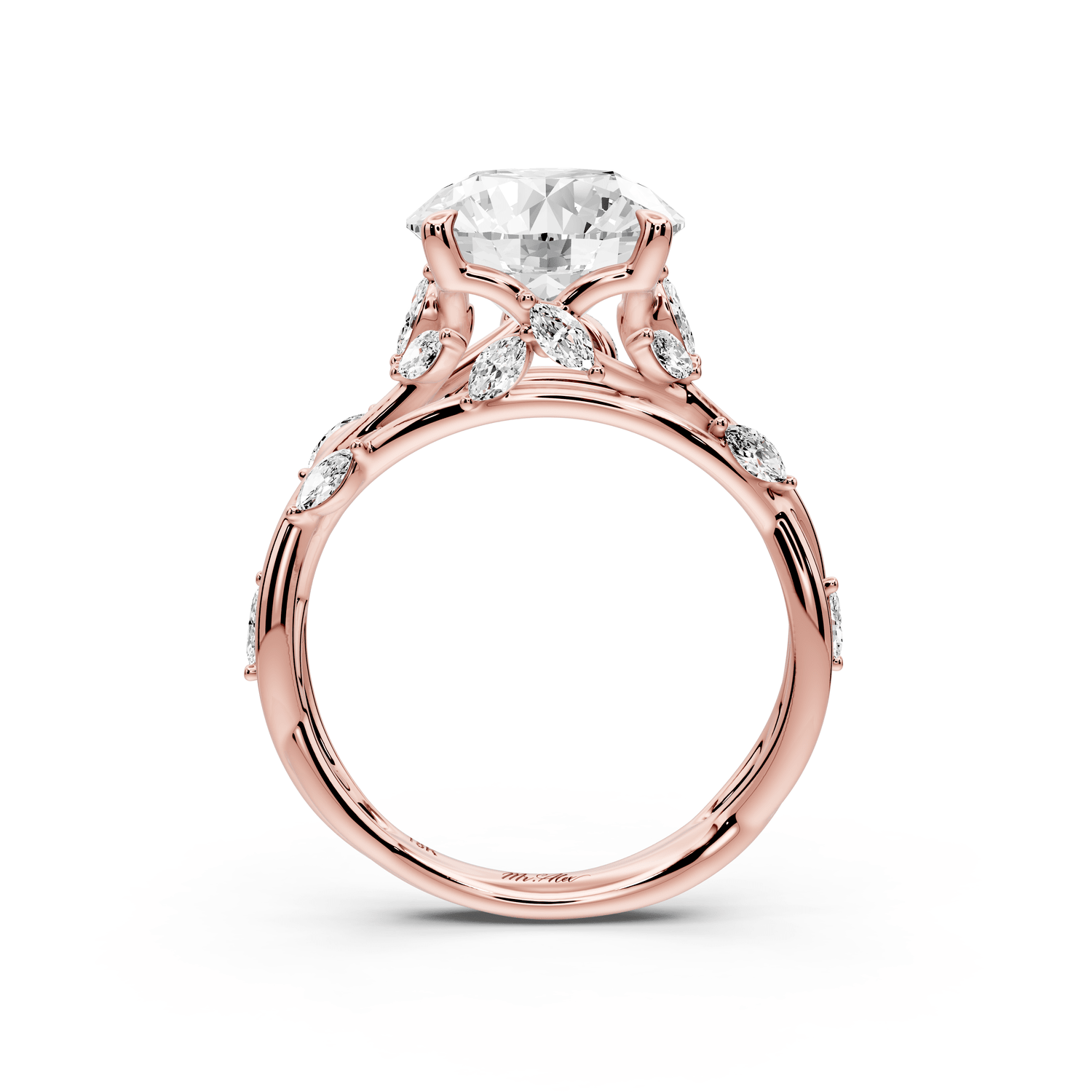 Sarah - 3ct 18k rose gold Round Nature-Inspired Engagement Ring with Sculpted Vine and Leaf Side Stones - Mr. Alex Jewelry