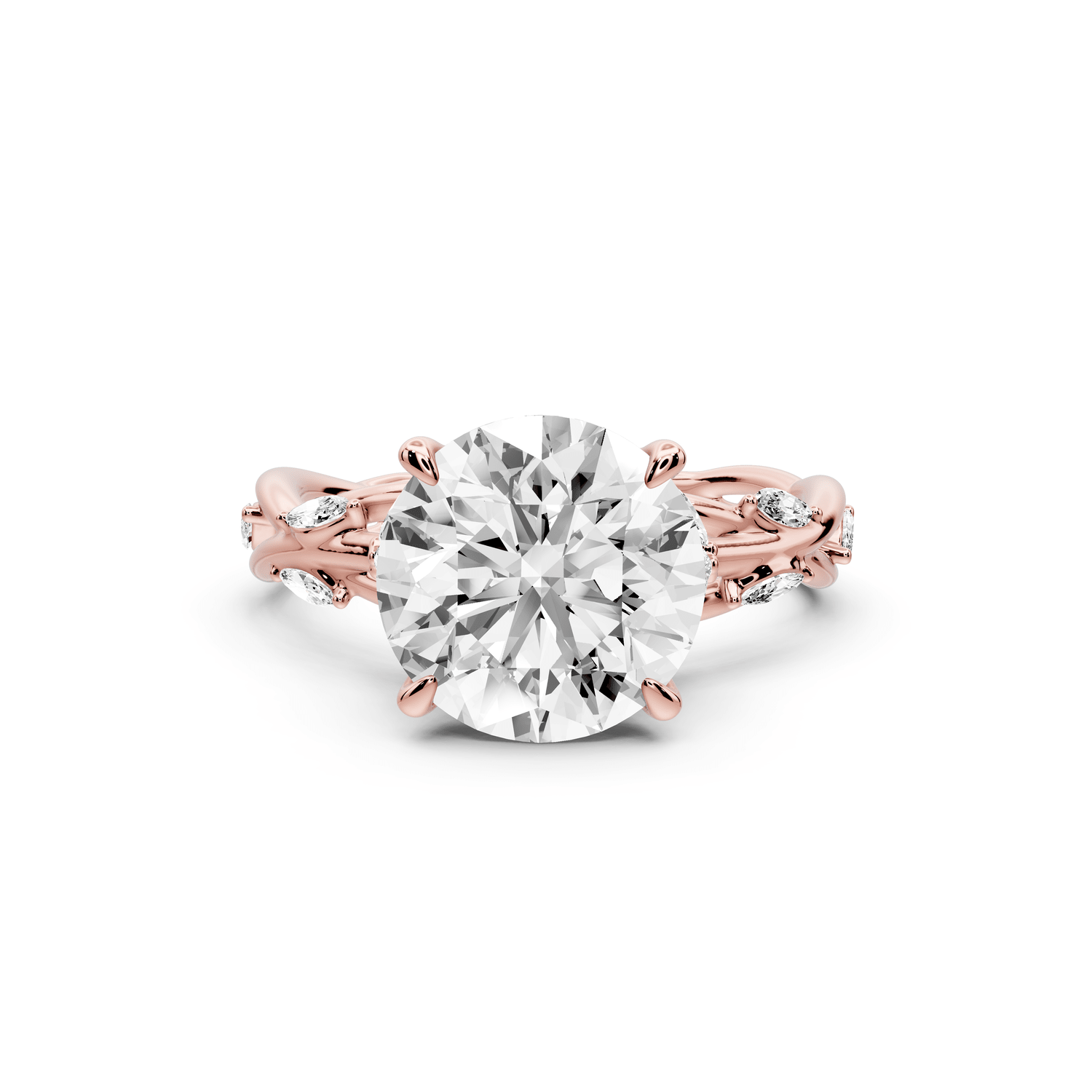 Sarah - 3ct 18k rose gold Round Nature-Inspired Engagement Ring with Sculpted Vine and Leaf Side Stones - Mr. Alex Jewelry
