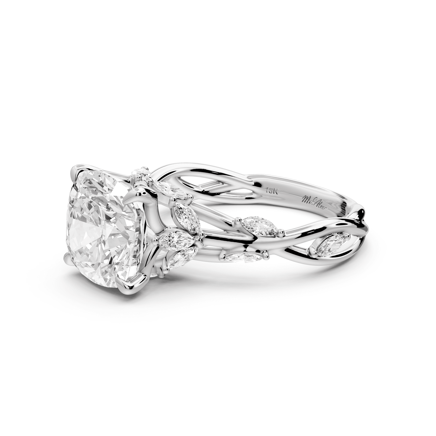 Sarah - 3ct 18k white gold Cushion Nature-Inspired Engagement Ring with Sculpted Vine and Leaf Side Stones - Mr. Alex Jewelry