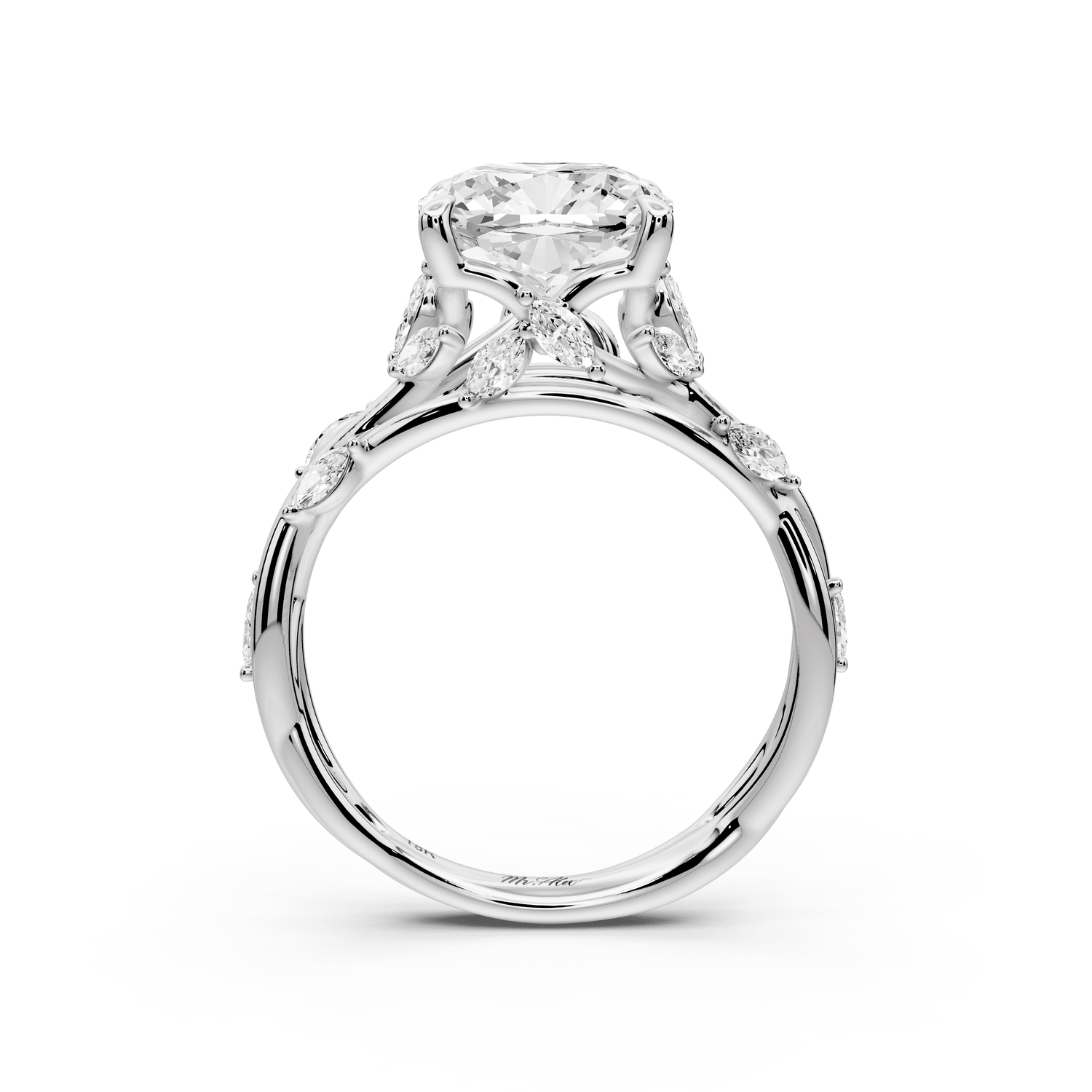 Sarah - 3ct 18k white gold Cushion Nature-Inspired Engagement Ring with Sculpted Vine and Leaf Side Stones - Mr. Alex Jewelry
