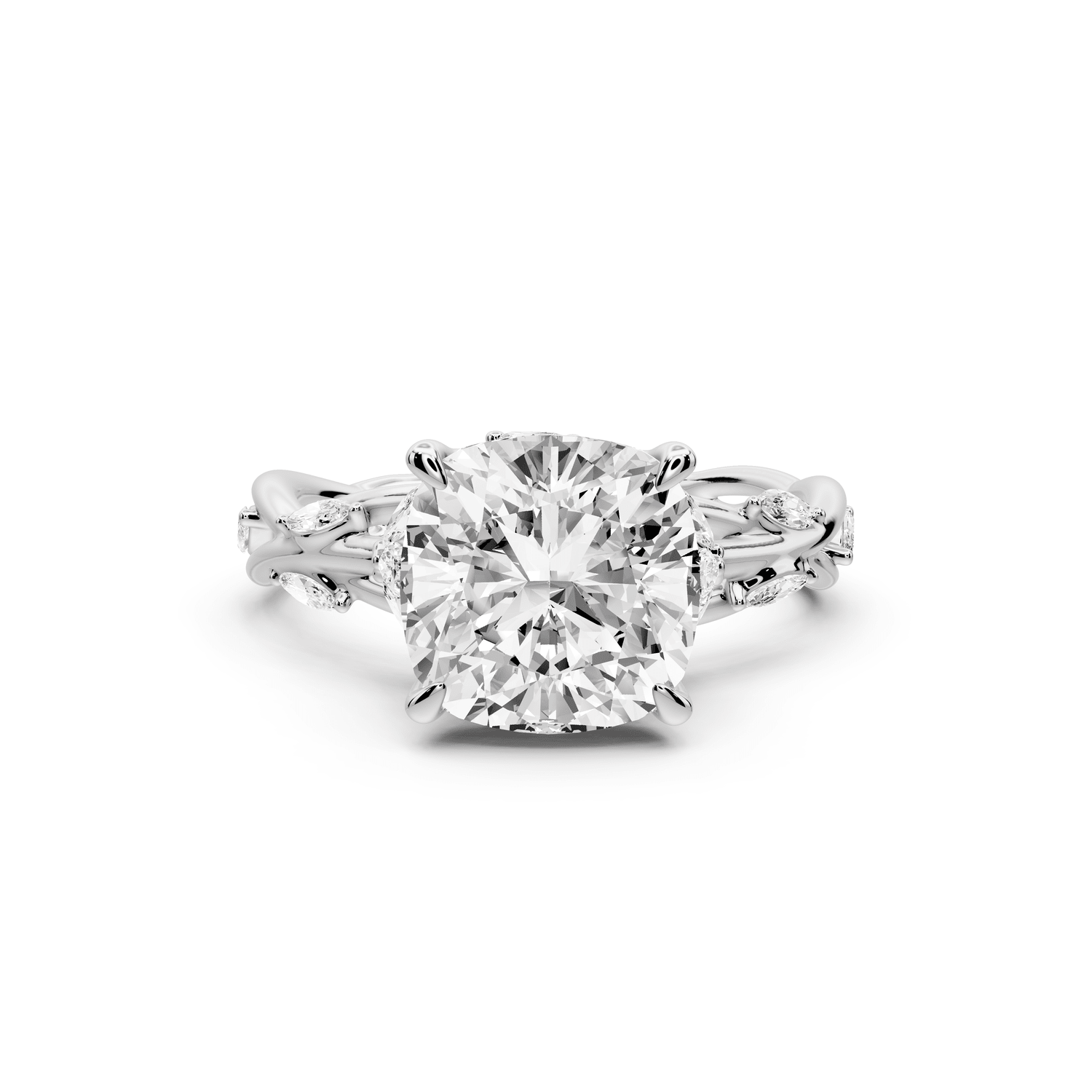 Sarah - 3ct 18k white gold Cushion Nature-Inspired Engagement Ring with Sculpted Vine and Leaf Side Stones - Mr. Alex Jewelry
