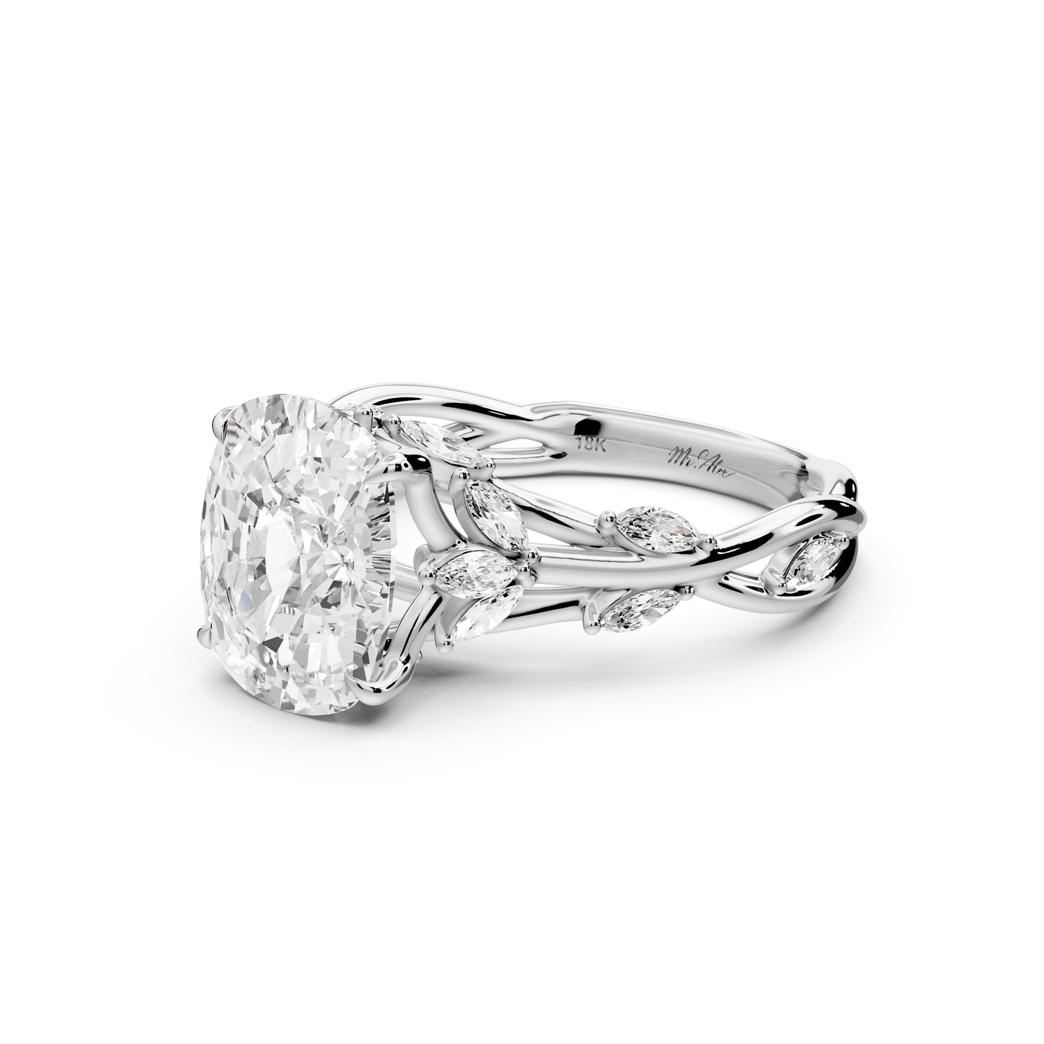 Sarah - 3ct 18k white gold Ecushion Nature-Inspired Engagement Ring with Sculpted Vine and Leaf Side Stones - Mr. Alex Jewelry