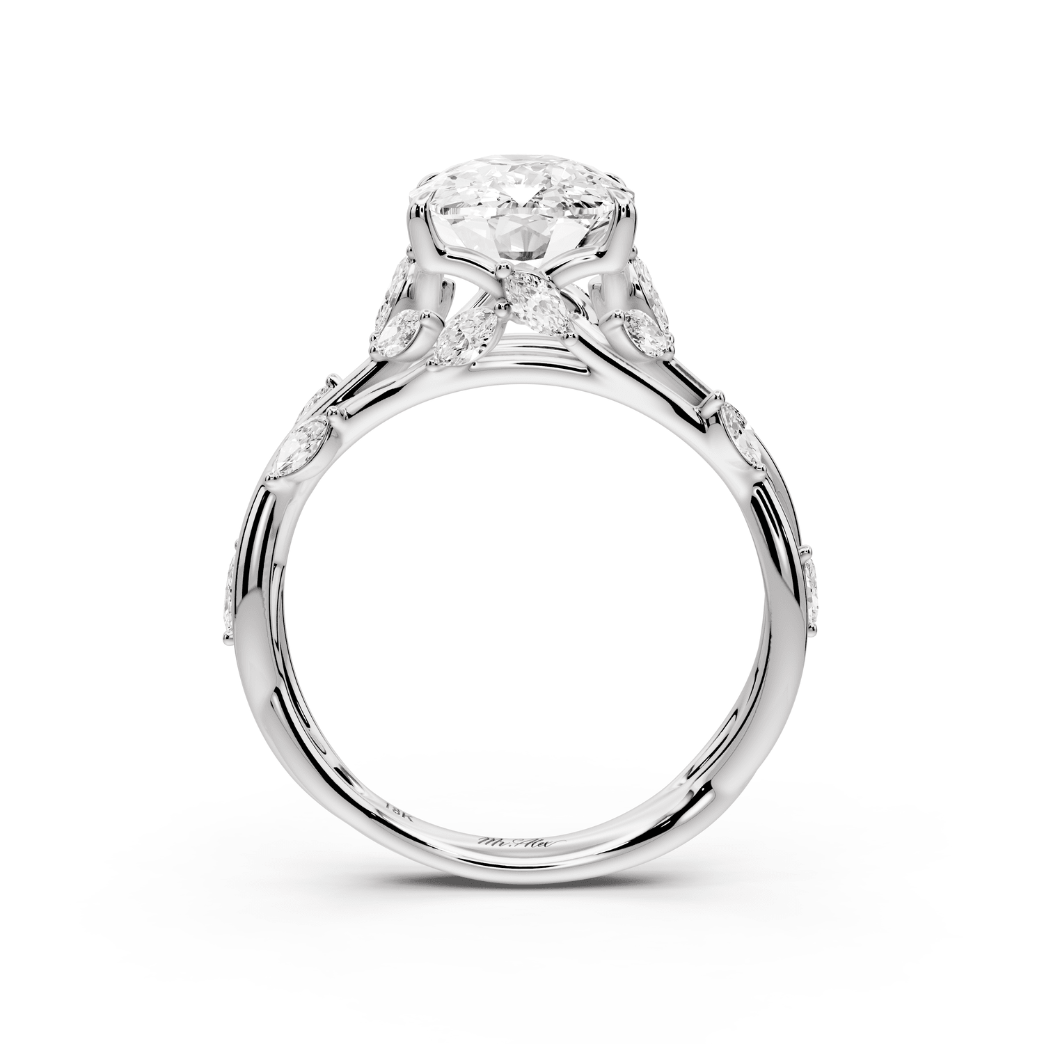 Sarah - 3ct 18k white gold Ecushion Nature-Inspired Engagement Ring with Sculpted Vine and Leaf Side Stones - Mr. Alex Jewelry