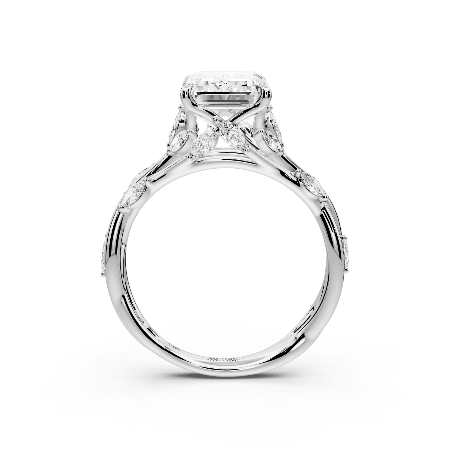 Sarah - 3ct 18k white gold Emerald Nature-Inspired Engagement Ring with Sculpted Vine and Leaf Side Stones - Mr. Alex Jewelry