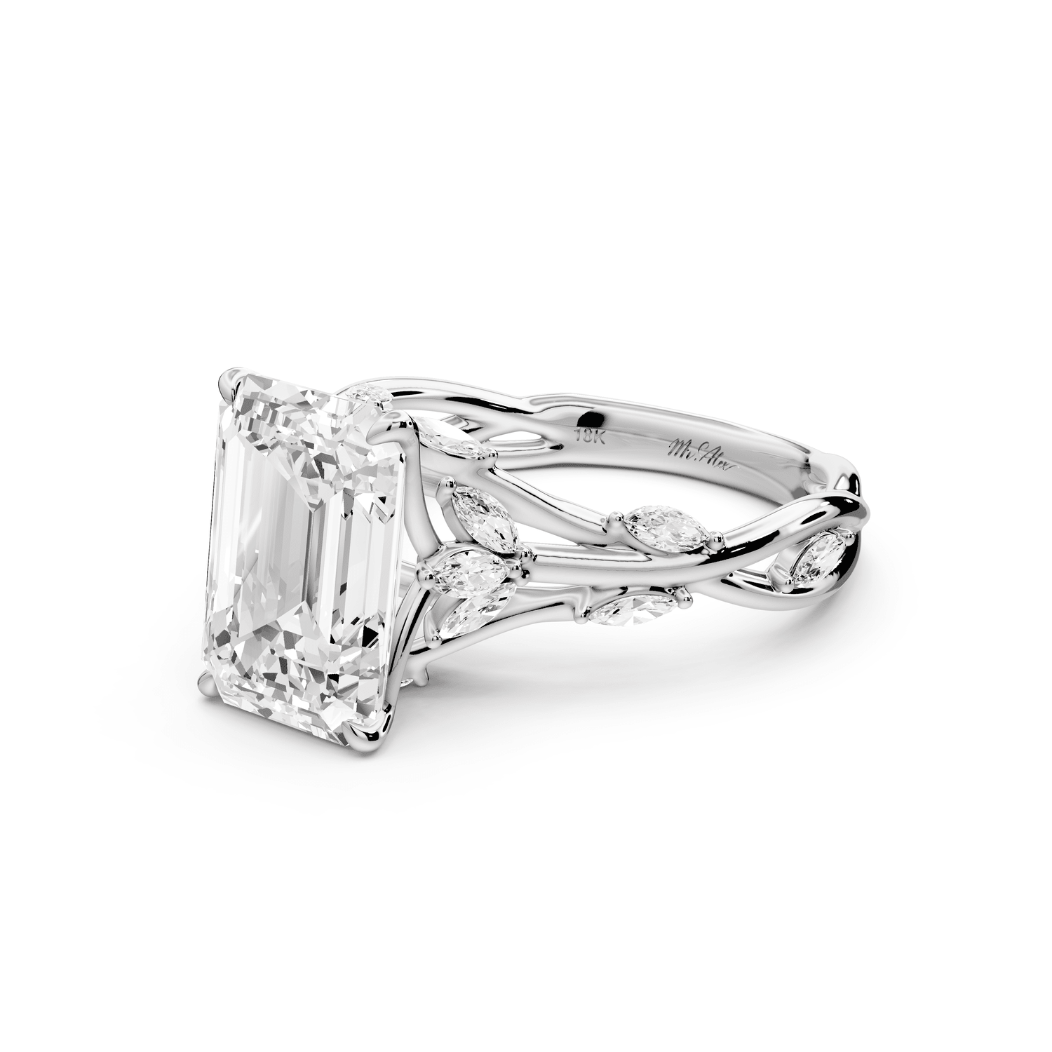 Sarah - 3ct 18k white gold Emerald Nature-Inspired Engagement Ring with Sculpted Vine and Leaf Side Stones - Mr. Alex Jewelry