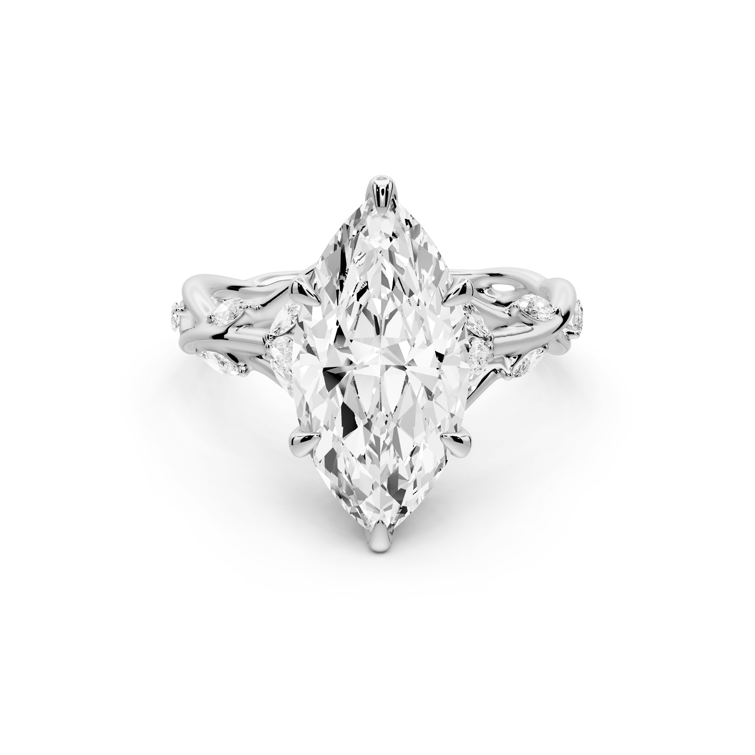 Sarah - 3ct 18k white gold Marquise Nature-Inspired Engagement Ring with Sculpted Vine and Leaf Side Stones - Mr. Alex Jewelry