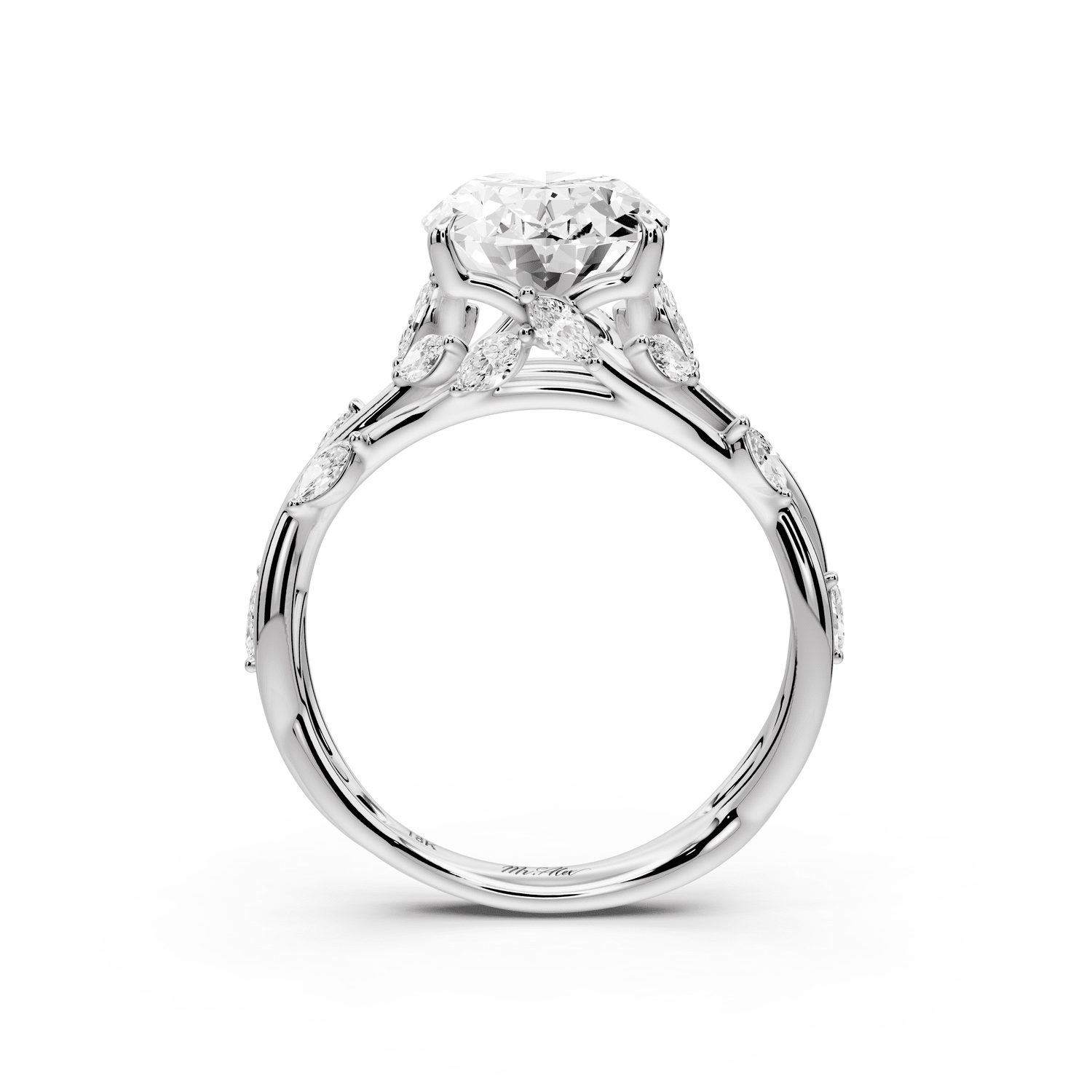 Sarah - 3ct 18k white gold Oval Nature-Inspired Engagement Ring with Sculpted Vine and Leaf Side Stones - Mr. Alex Jewelry