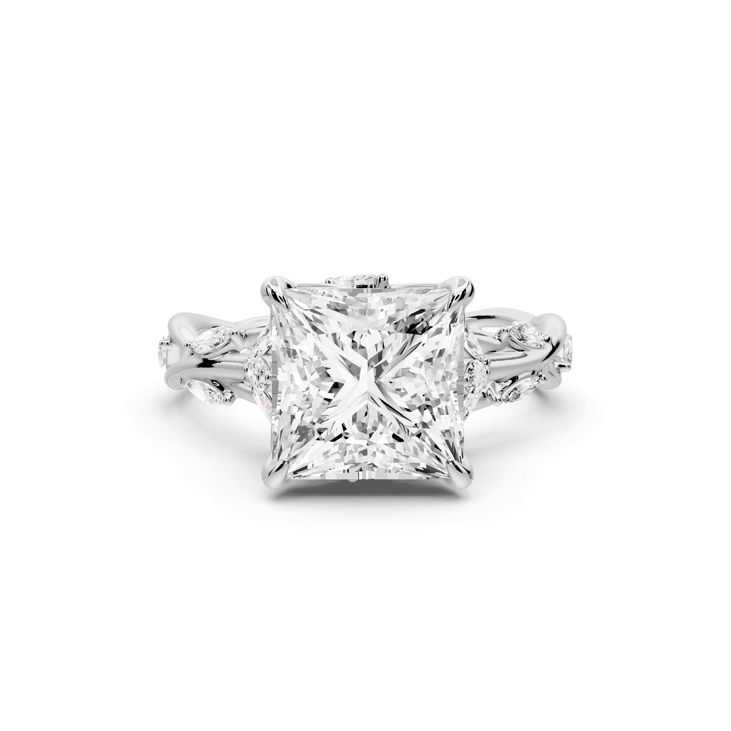 Sarah - 3ct 18k white gold Princess Nature-Inspired Engagement Ring with Sculpted Vine and Leaf Side Stones - Mr. Alex Jewelry