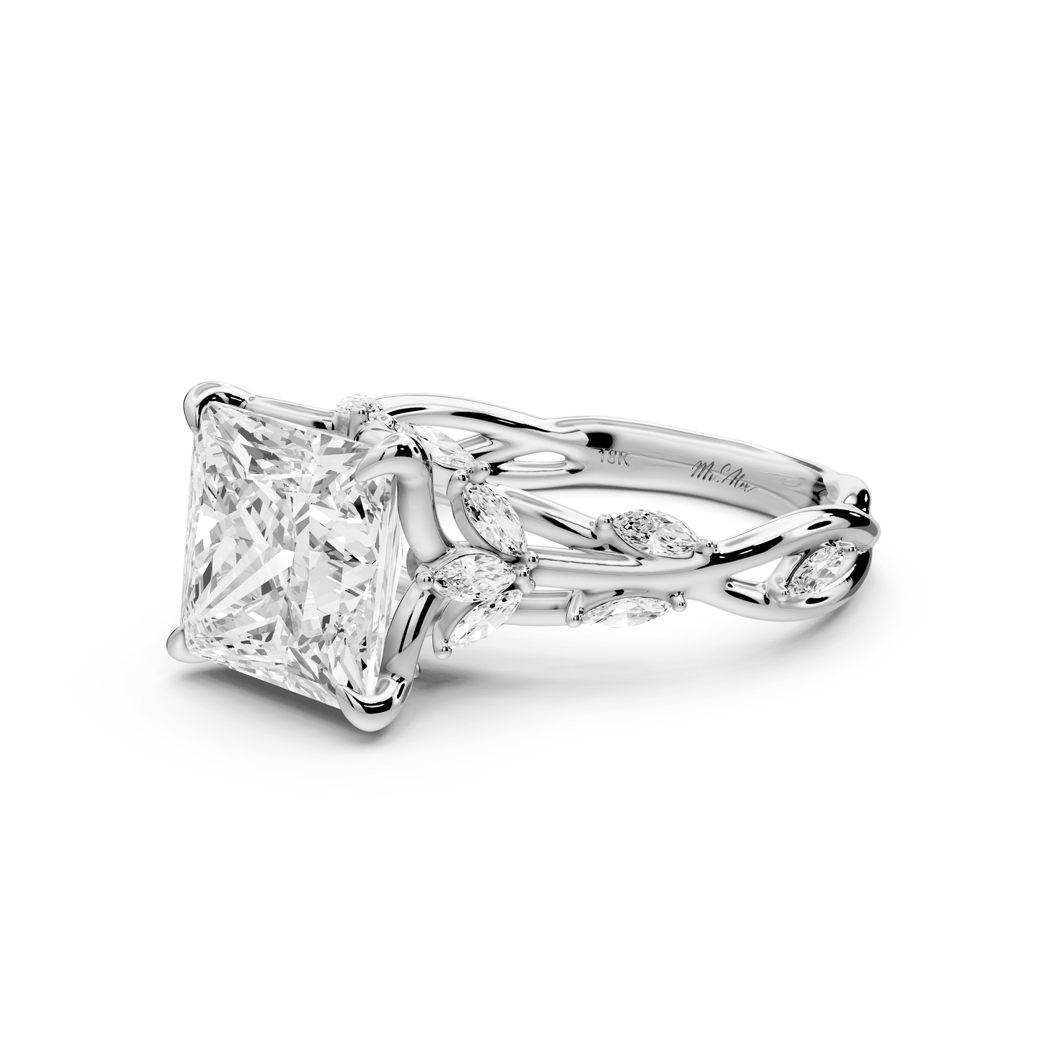Sarah - 3ct 18k white gold Princess Nature-Inspired Engagement Ring with Sculpted Vine and Leaf Side Stones - Mr. Alex Jewelry