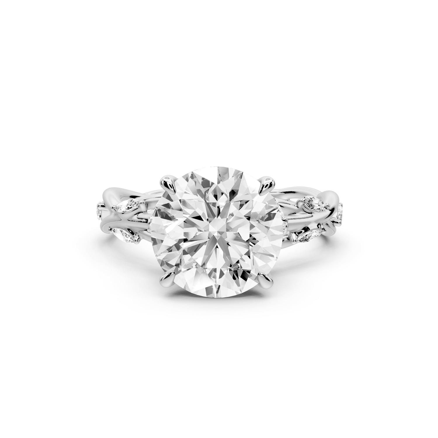 Sarah - 3ct 18k white gold Round Nature-Inspired Engagement Ring with Sculpted Vine and Leaf Side Stones - Mr. Alex Jewelry