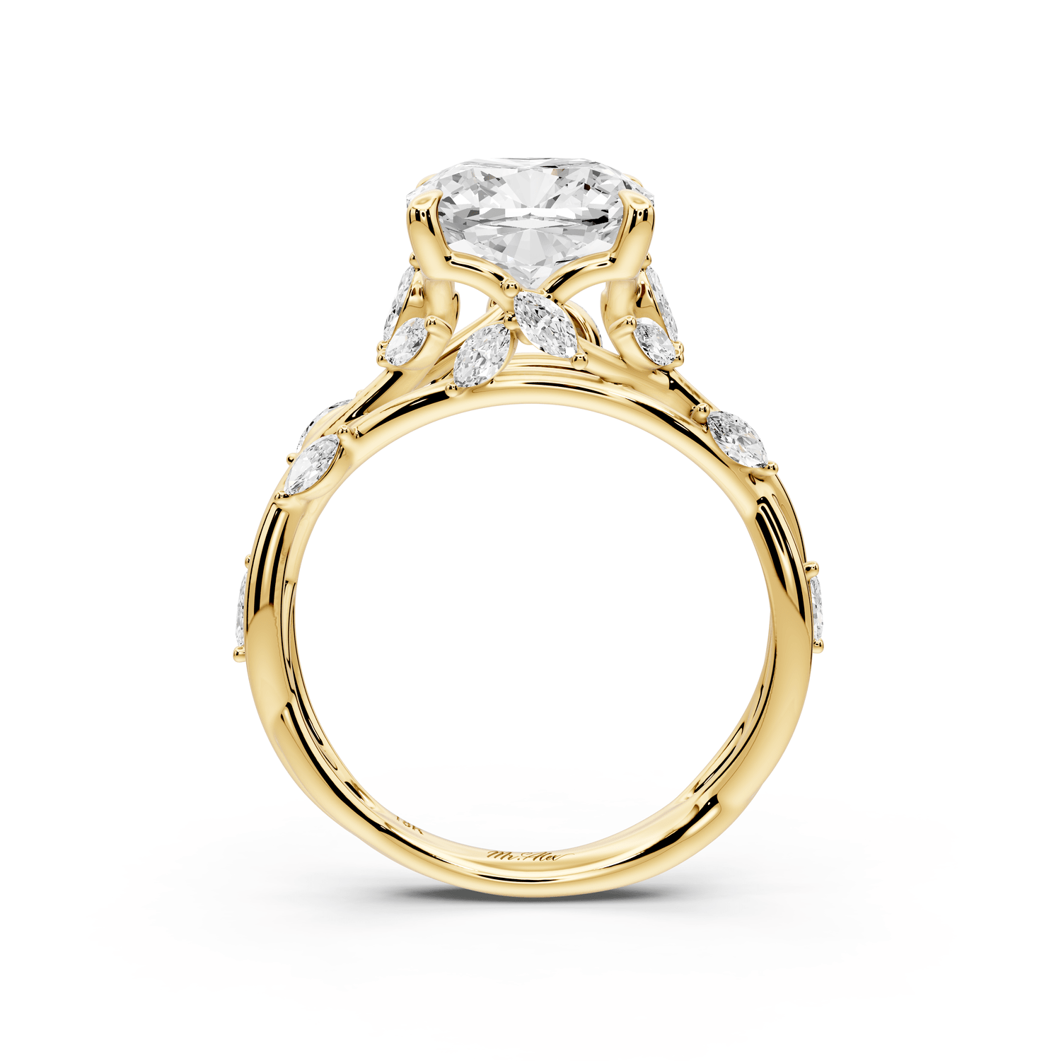 Sarah - 3ct 18k yellow gold Cushion Nature-Inspired Engagement Ring with Sculpted Vine and Leaf Side Stones - Mr. Alex Jewelry