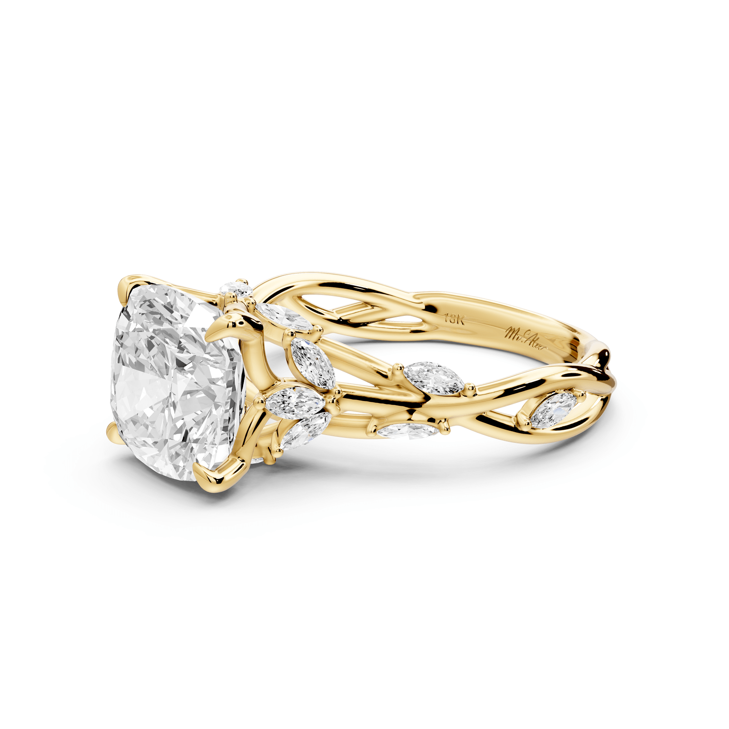 Sarah - 3ct 18k yellow gold Cushion Nature-Inspired Engagement Ring with Sculpted Vine and Leaf Side Stones - Mr. Alex Jewelry