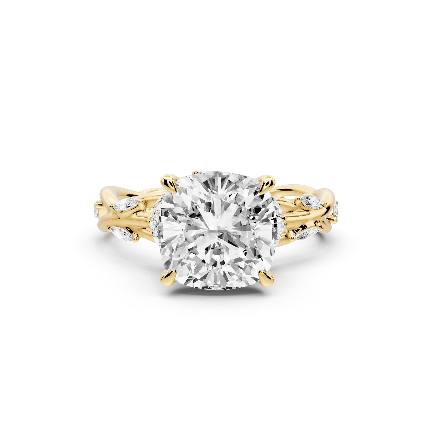 Sarah - 3ct 18k yellow gold Cushion Nature-Inspired Engagement Ring with Sculpted Vine and Leaf Side Stones - Mr. Alex Jewelry