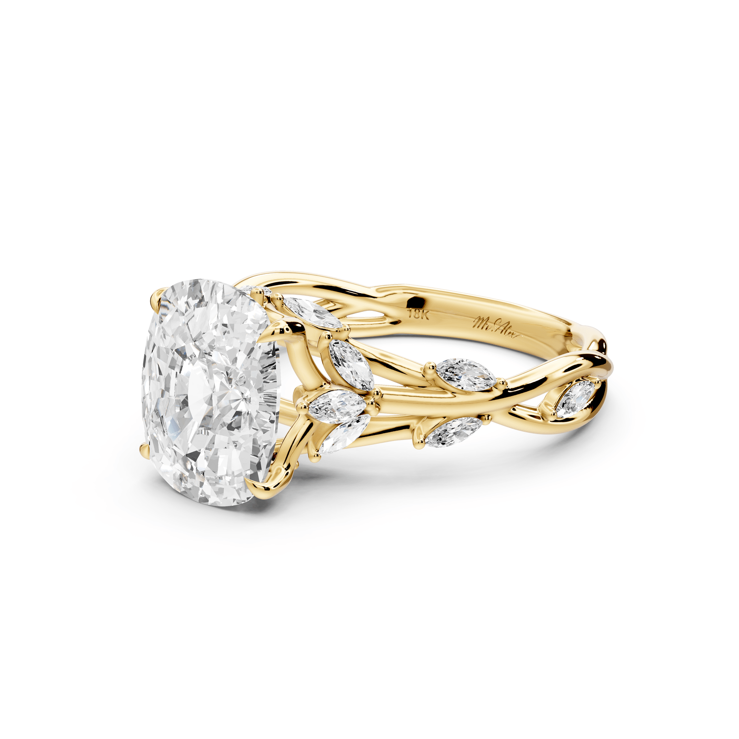 Sarah - 3ct 18k yellow gold Ecushion Nature-Inspired Engagement Ring with Sculpted Vine and Leaf Side Stones - Mr. Alex Jewelry