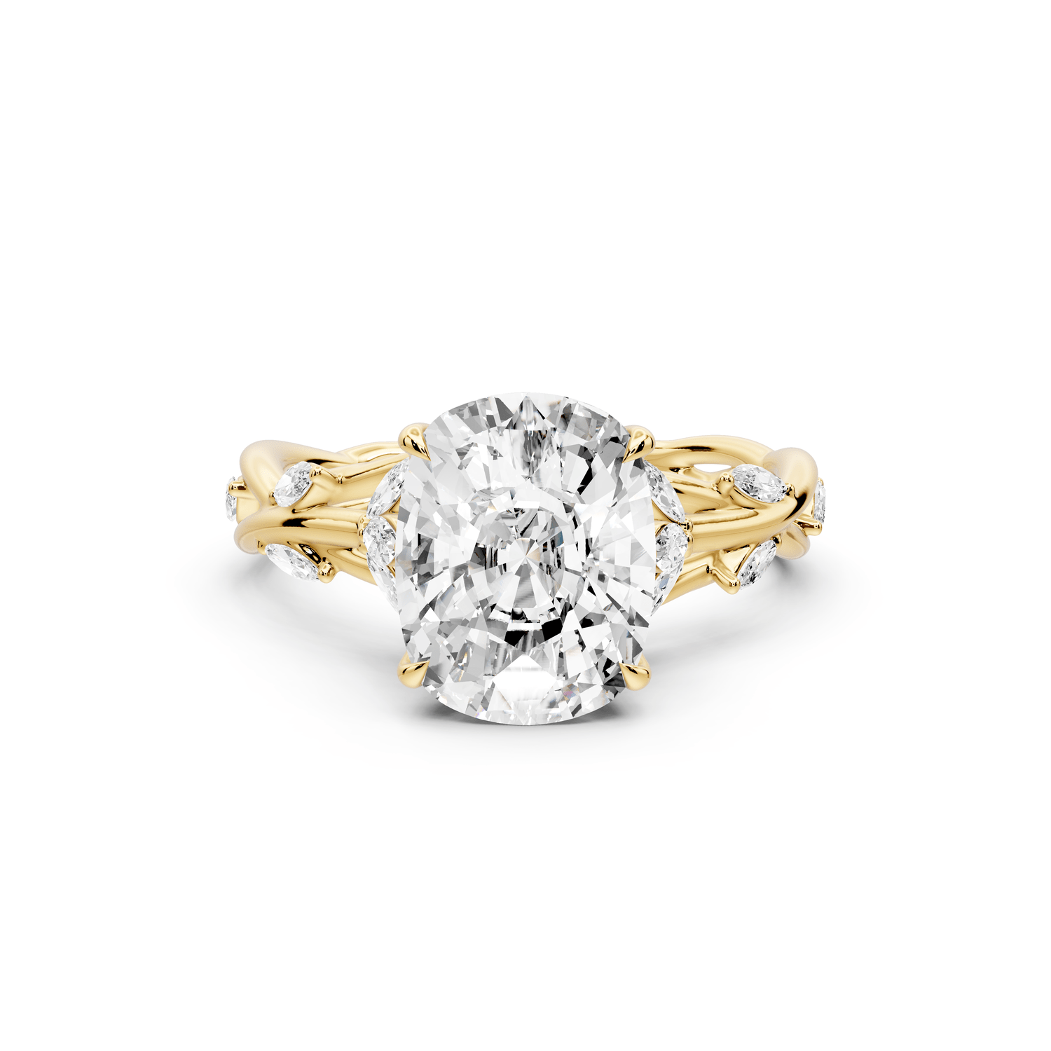Sarah - 3ct 18k yellow gold Ecushion Nature-Inspired Engagement Ring with Sculpted Vine and Leaf Side Stones - Mr. Alex Jewelry