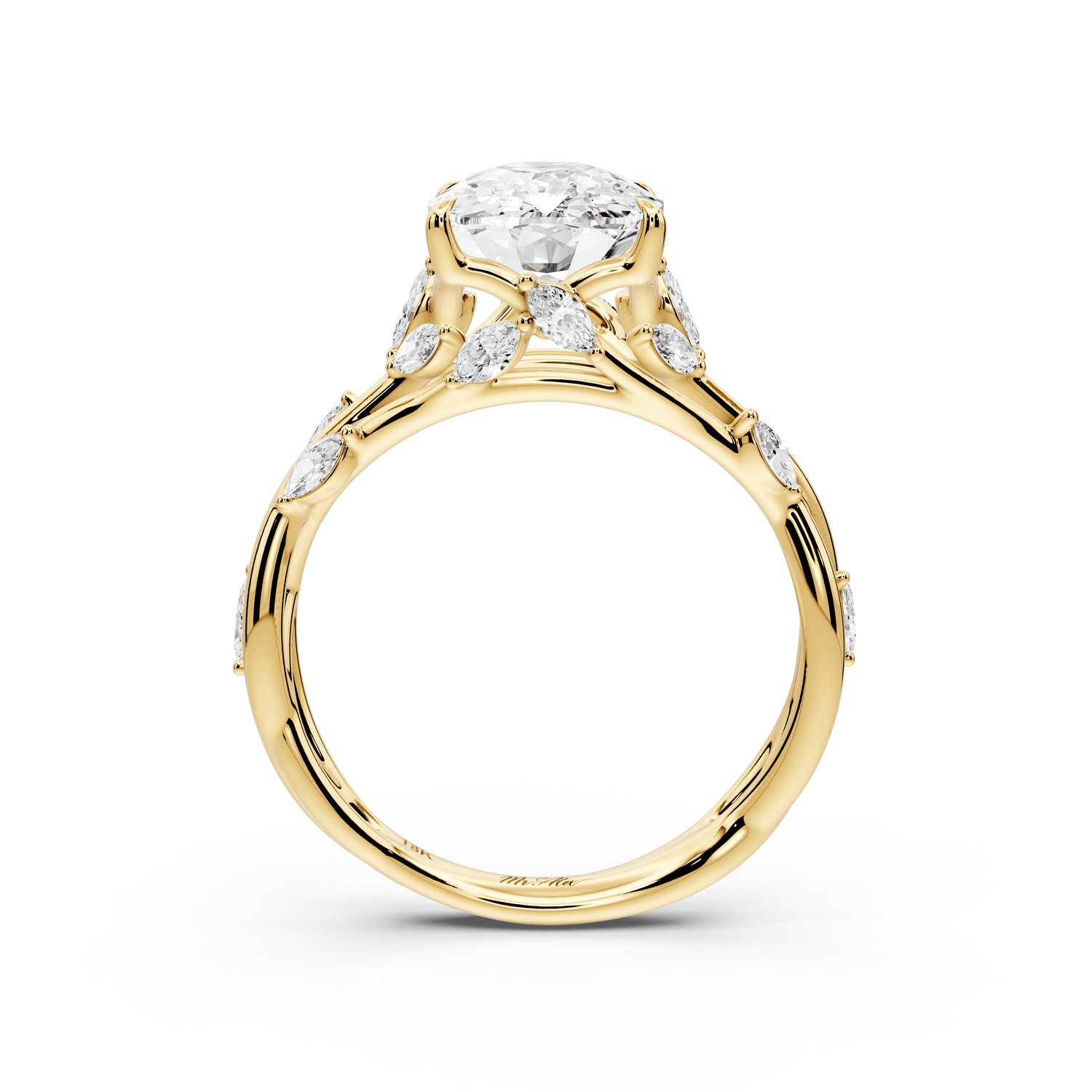 Sarah - 3ct 18k yellow gold Ecushion Nature-Inspired Engagement Ring with Sculpted Vine and Leaf Side Stones - Mr. Alex Jewelry